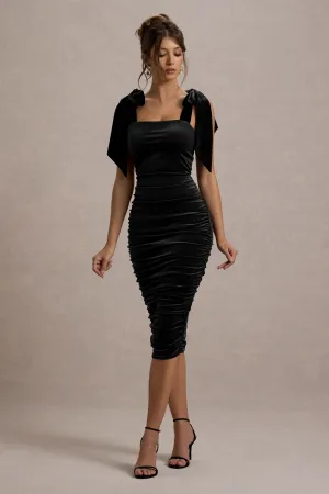 Tarna | Black Velvet Midi Dress With Bow Straps Club L London