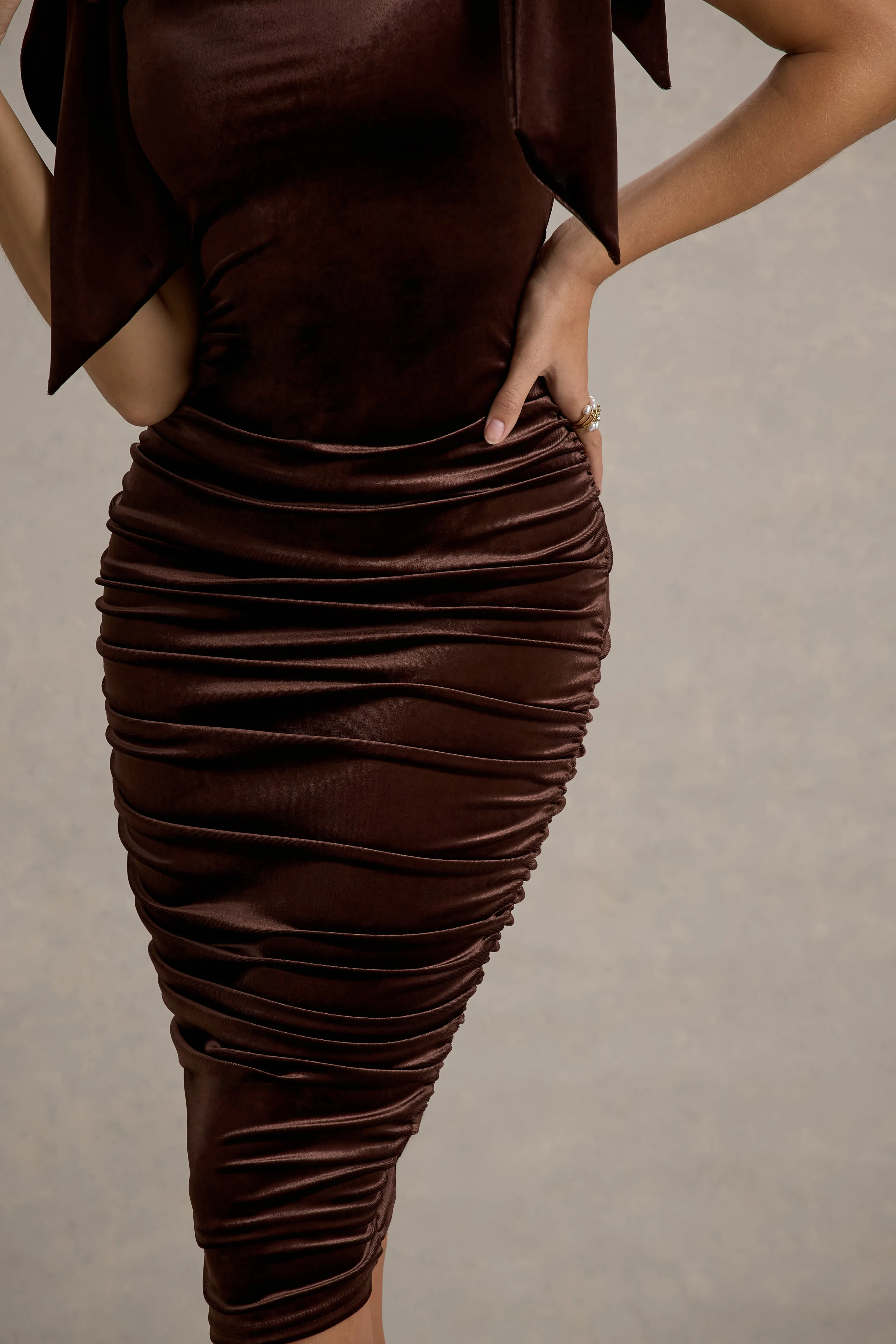 Tarna | Brown Velvet Midi Dress With Bow Straps Club L London