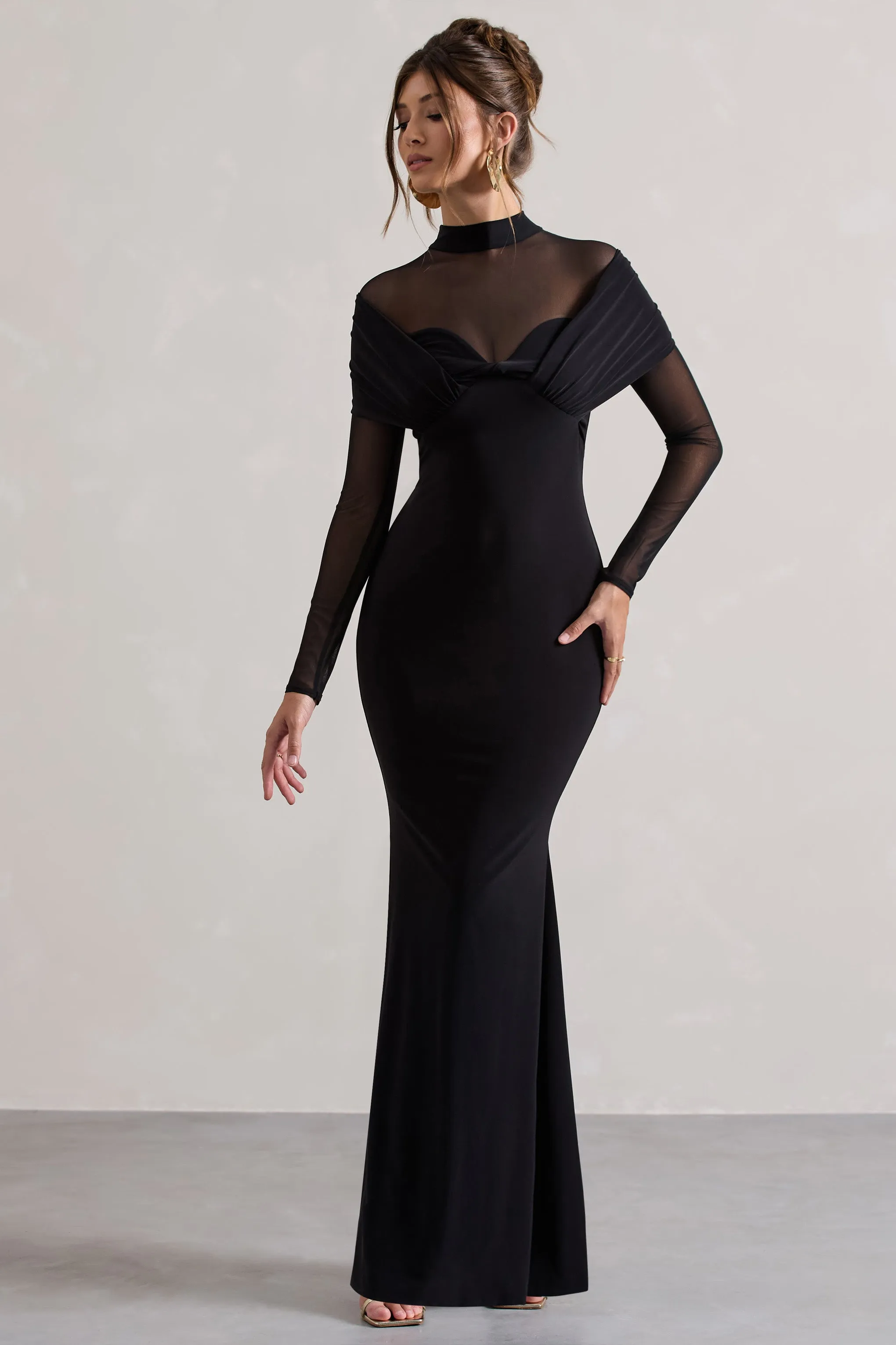 Tasha | Black Mesh High-Neck Long-Sleeve Maxi Dress Club L London