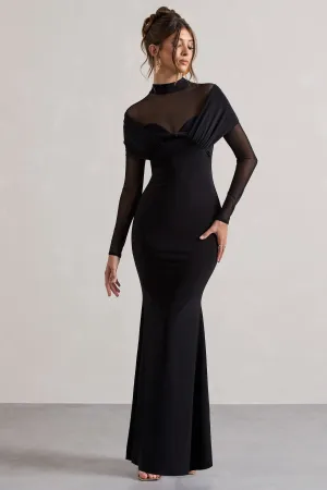 Tasha | Black Mesh High-Neck Long-Sleeve Maxi Dress Club L London