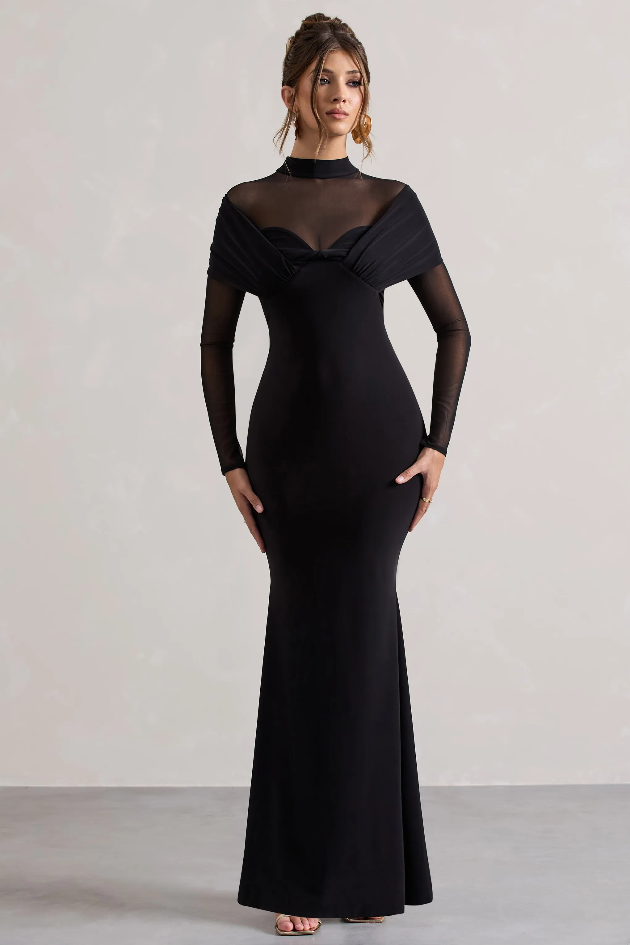 Tasha | Black Mesh High-Neck Long-Sleeve Maxi Dress Club L London