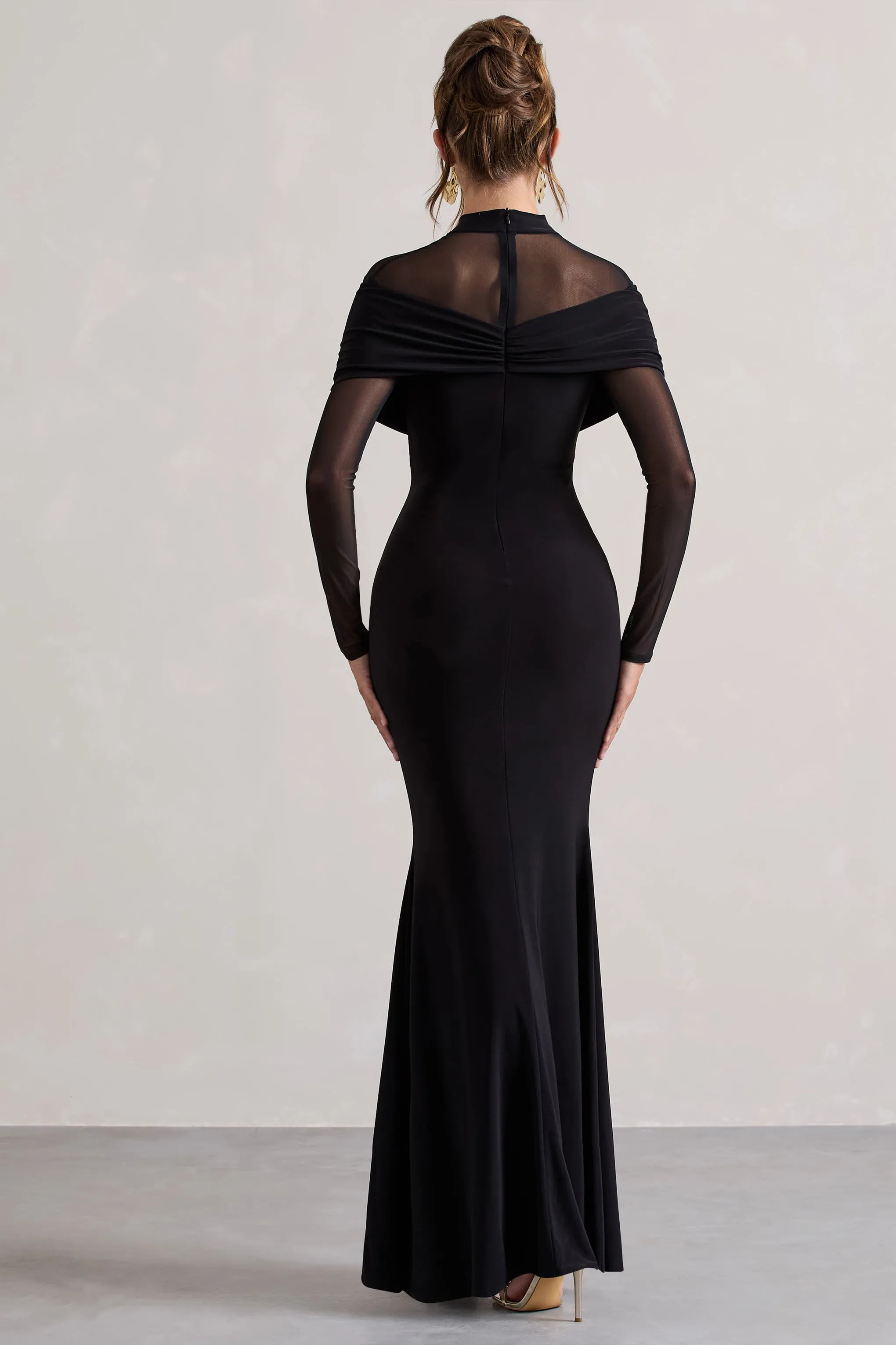 Tasha | Black Mesh High-Neck Long-Sleeve Maxi Dress Club L London