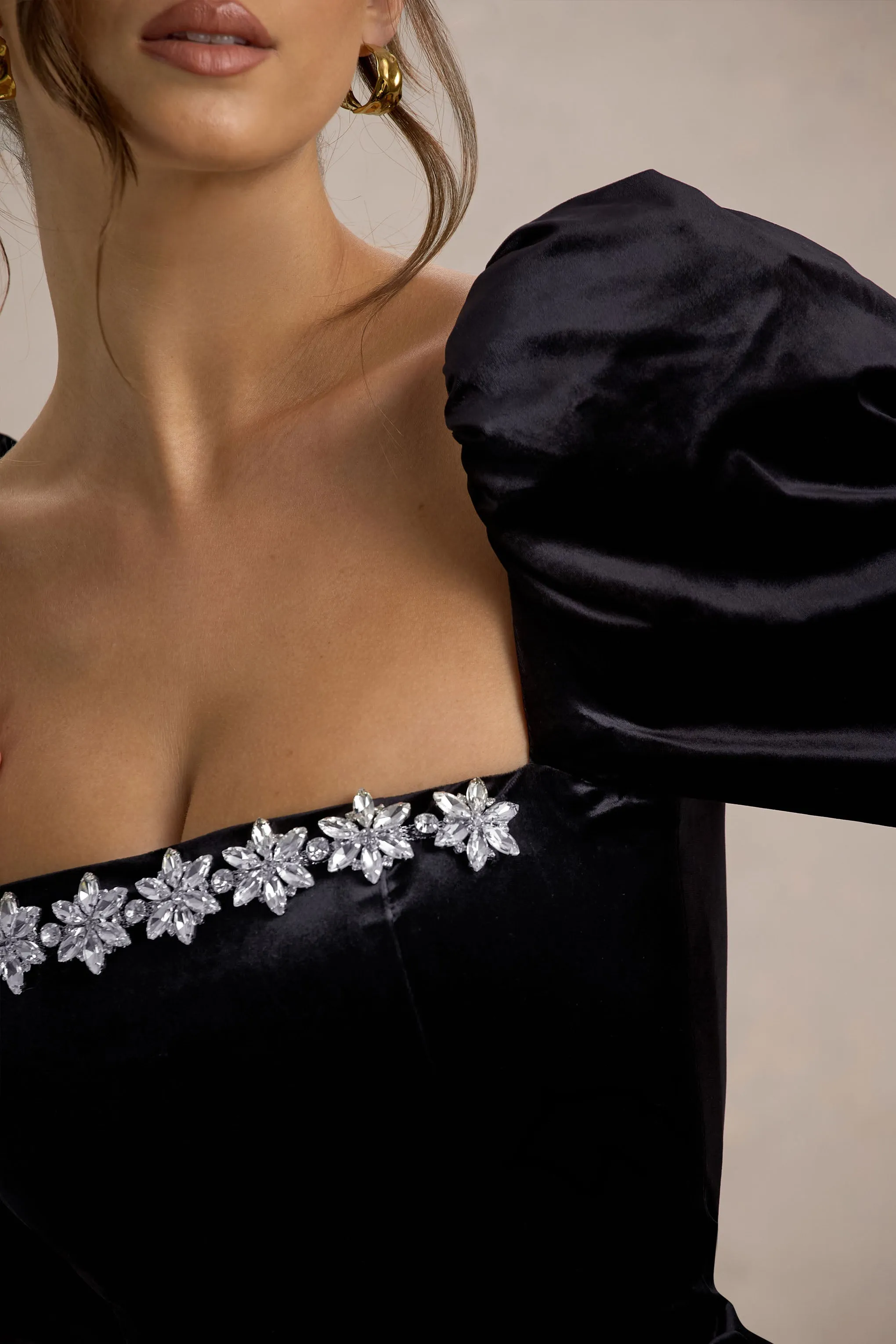 Tazmin | Black Velvet Embellished Square-Neck Top Club L London