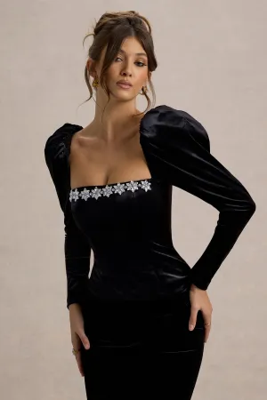 Tazmin | Black Velvet Embellished Square-Neck Top Club L London