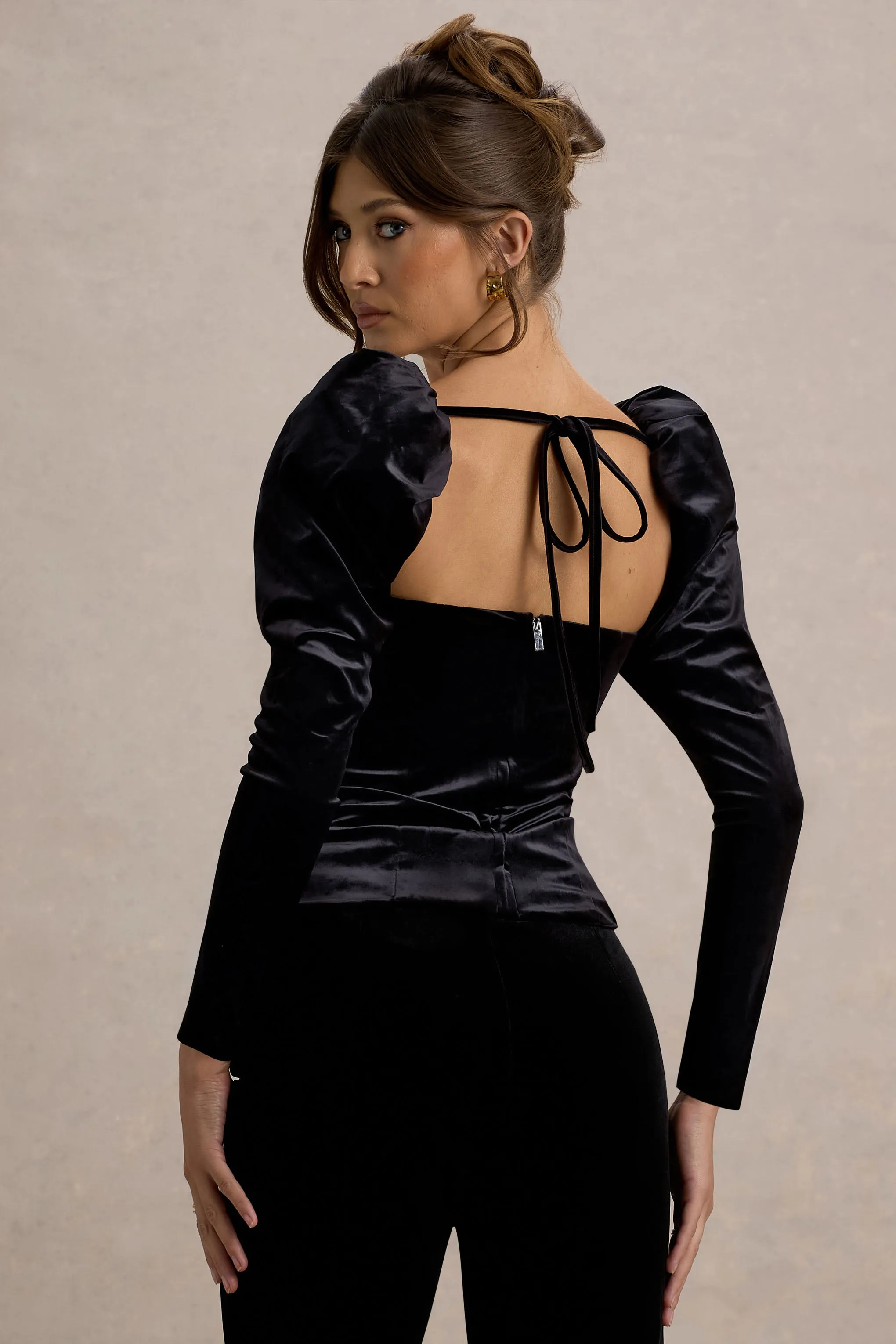 Tazmin | Black Velvet Embellished Square-Neck Top Club L London
