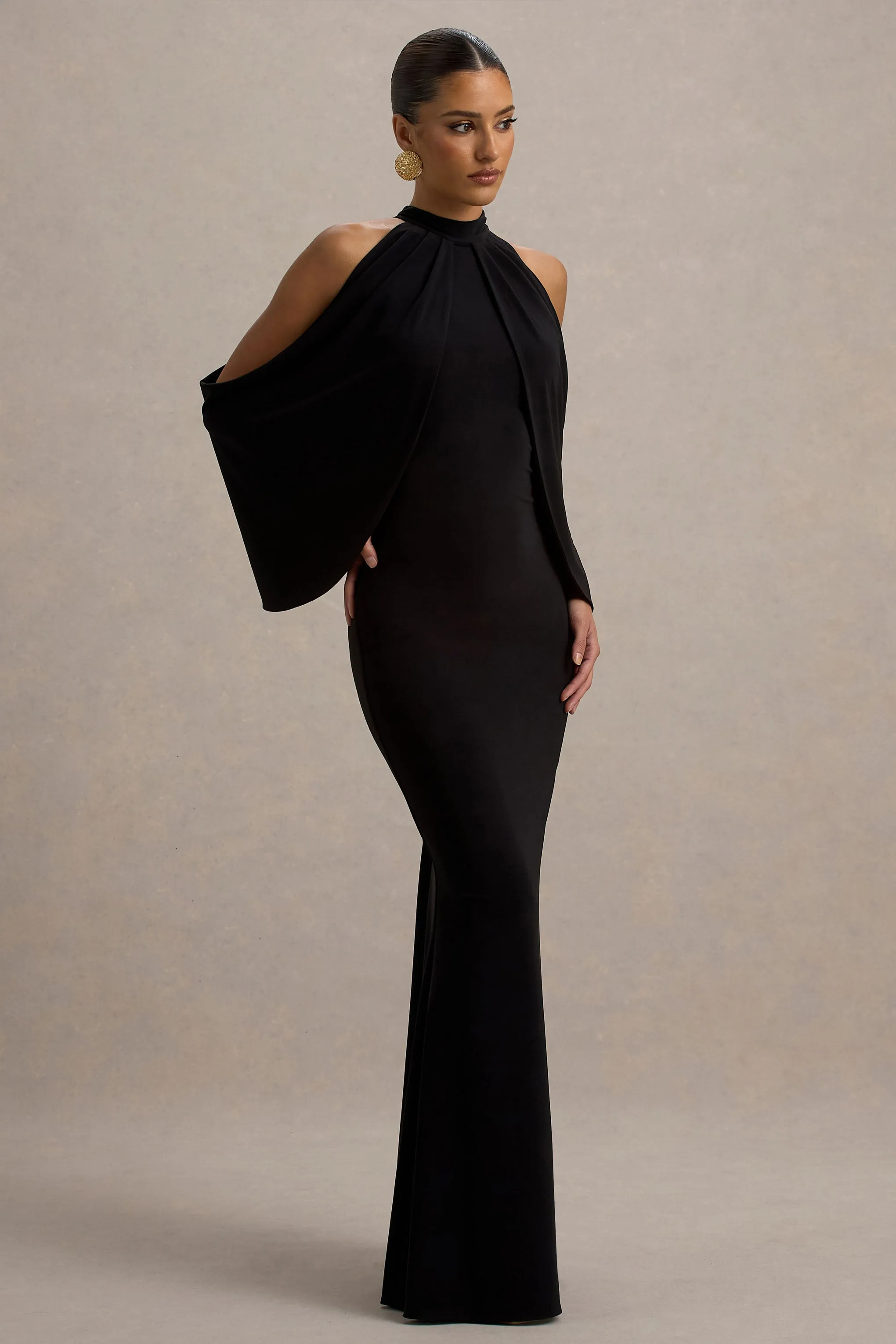 Teresa | Black High-Neck Cold-Shoulder Maxi Dress Club L London
