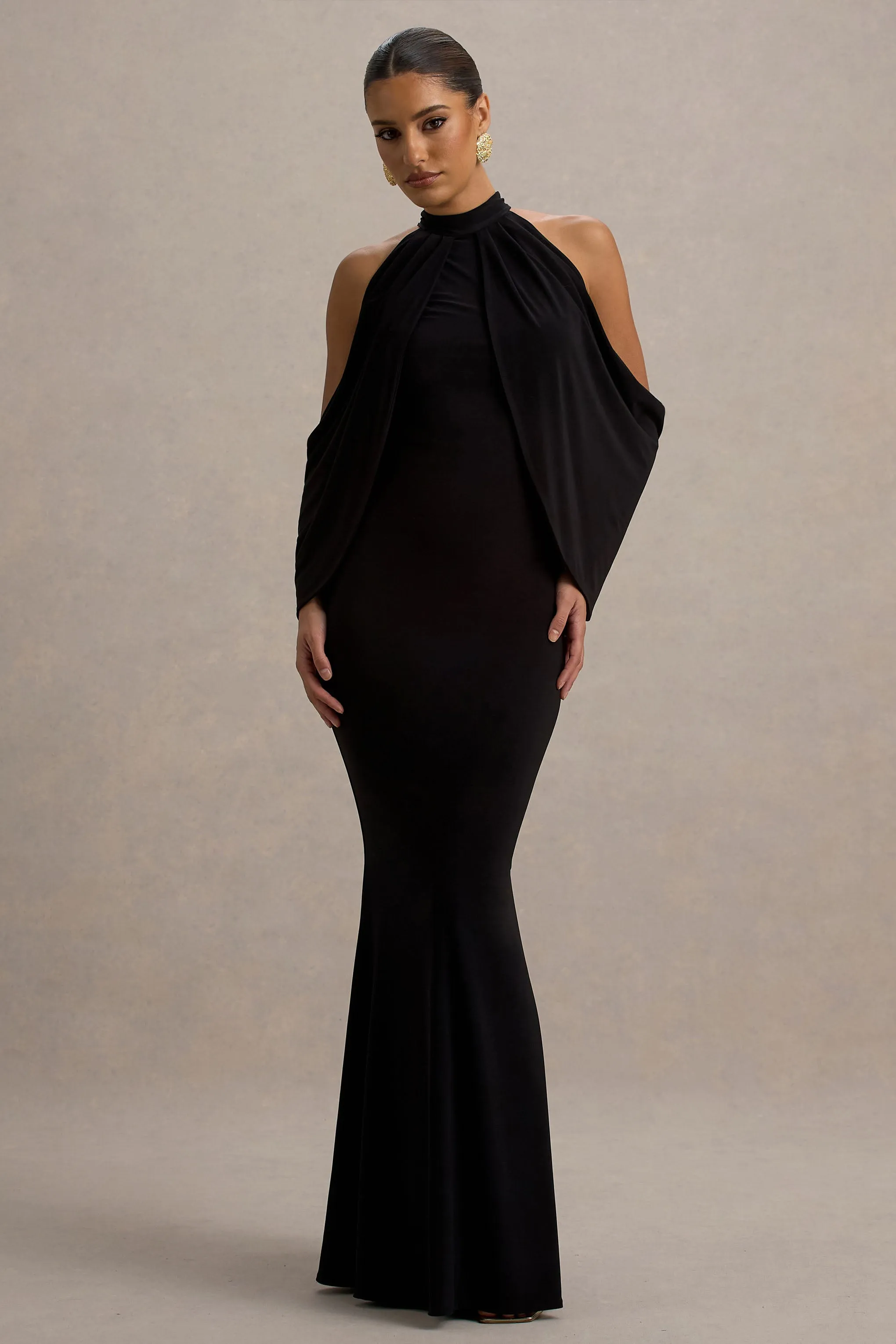 Teresa | Black High-Neck Cold-Shoulder Maxi Dress Club L London