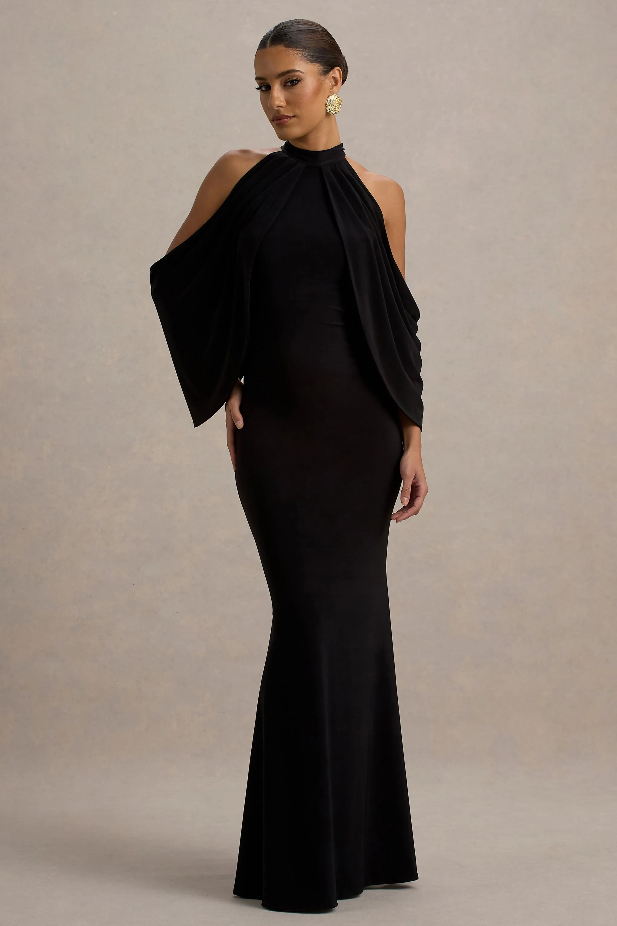 Teresa | Black High-Neck Cold-Shoulder Maxi Dress Club L London