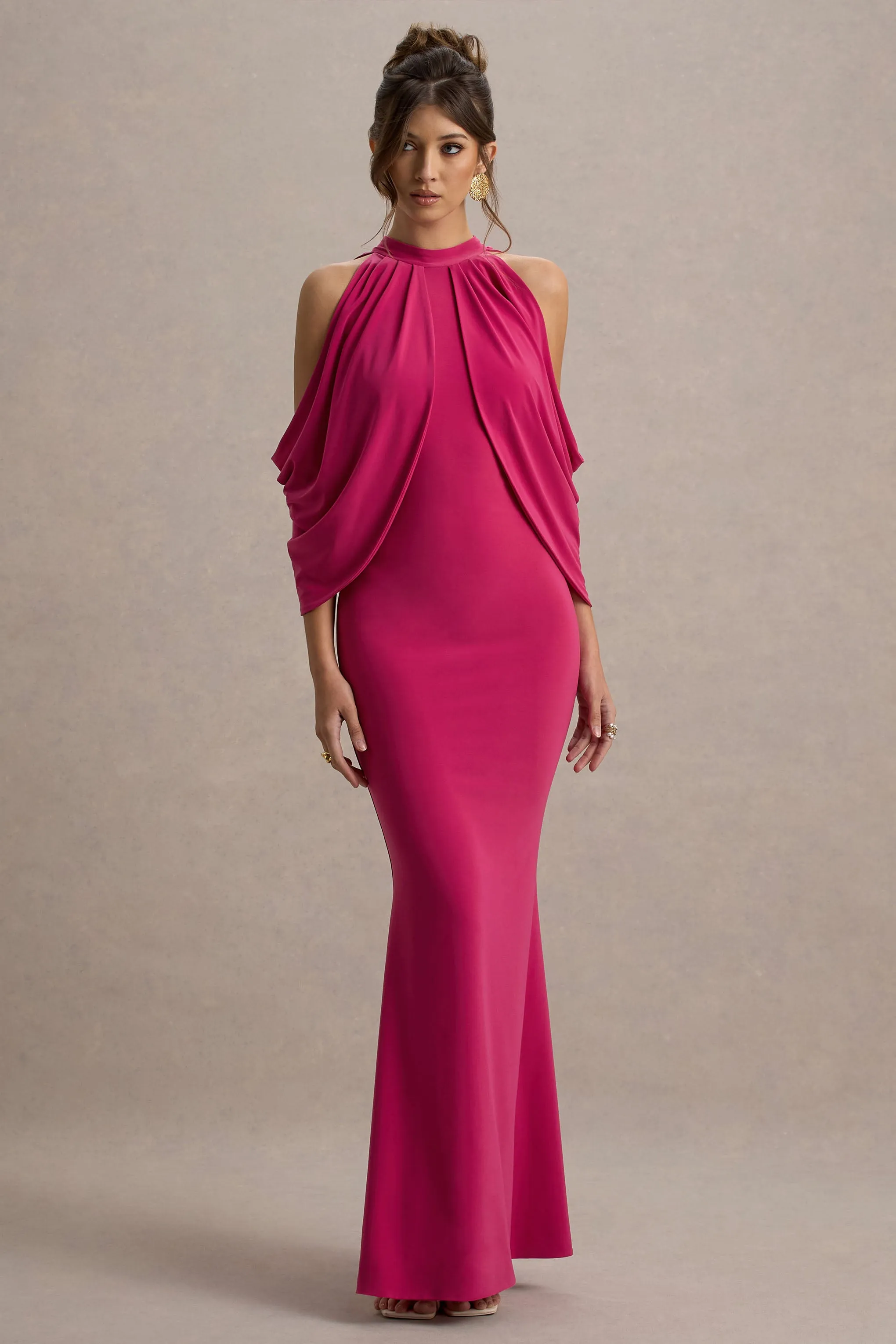 Teresa | Hot Pink High-Neck Cold-Shoulder Maxi Dress Club L London