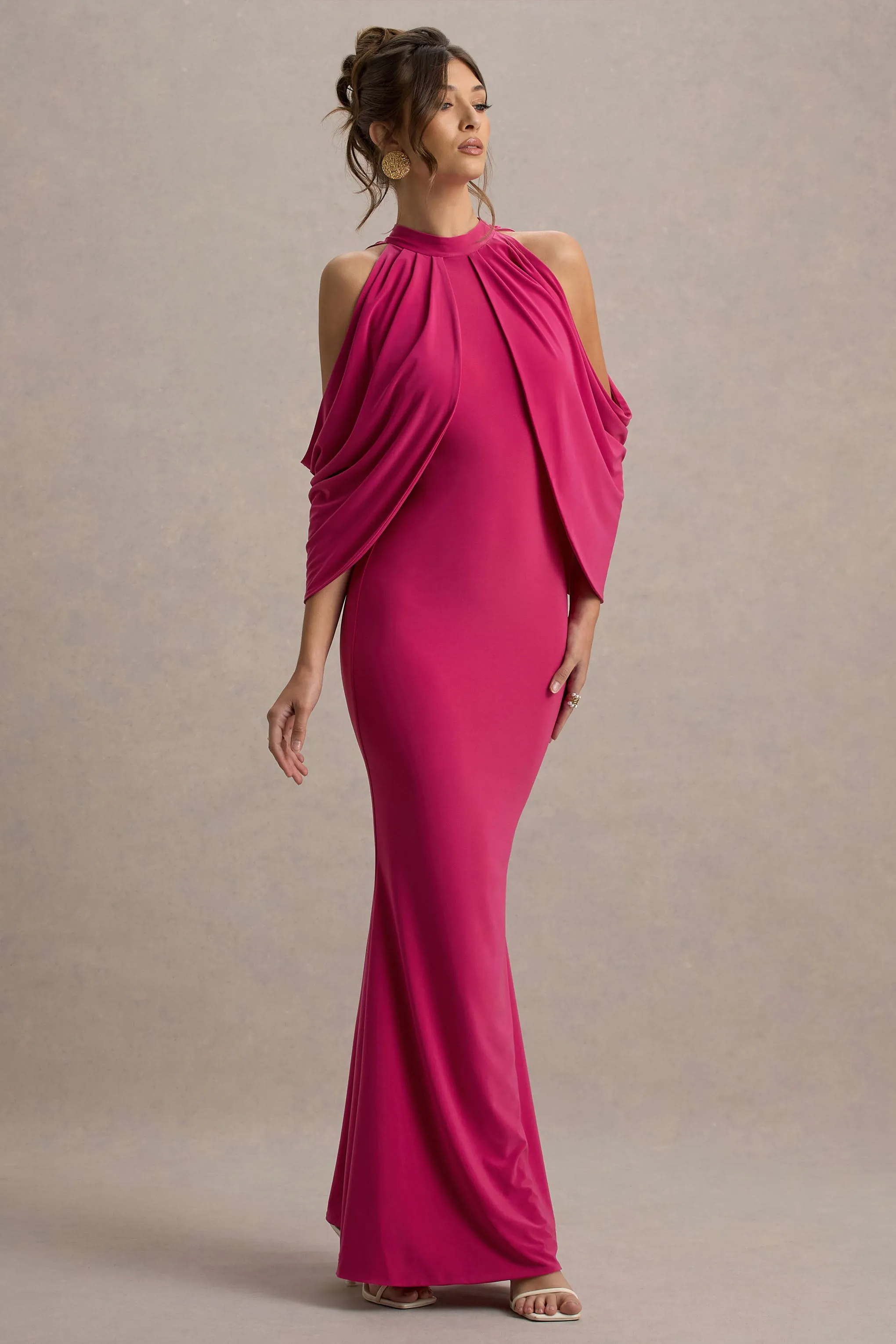 Teresa | Hot Pink High-Neck Cold-Shoulder Maxi Dress Club L London