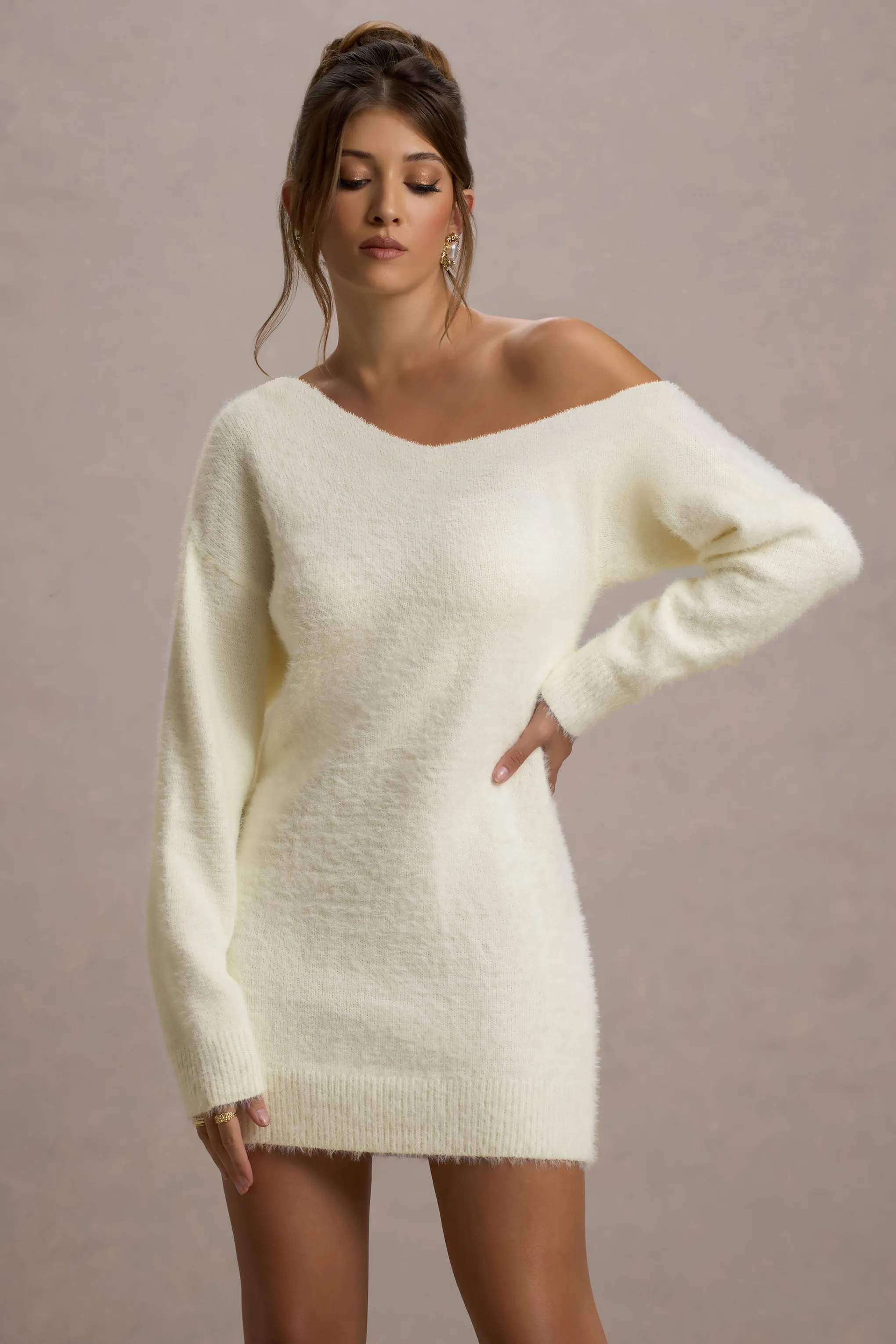 Terra | Cream Faux Mohair Oversized Mini Dress Club L London