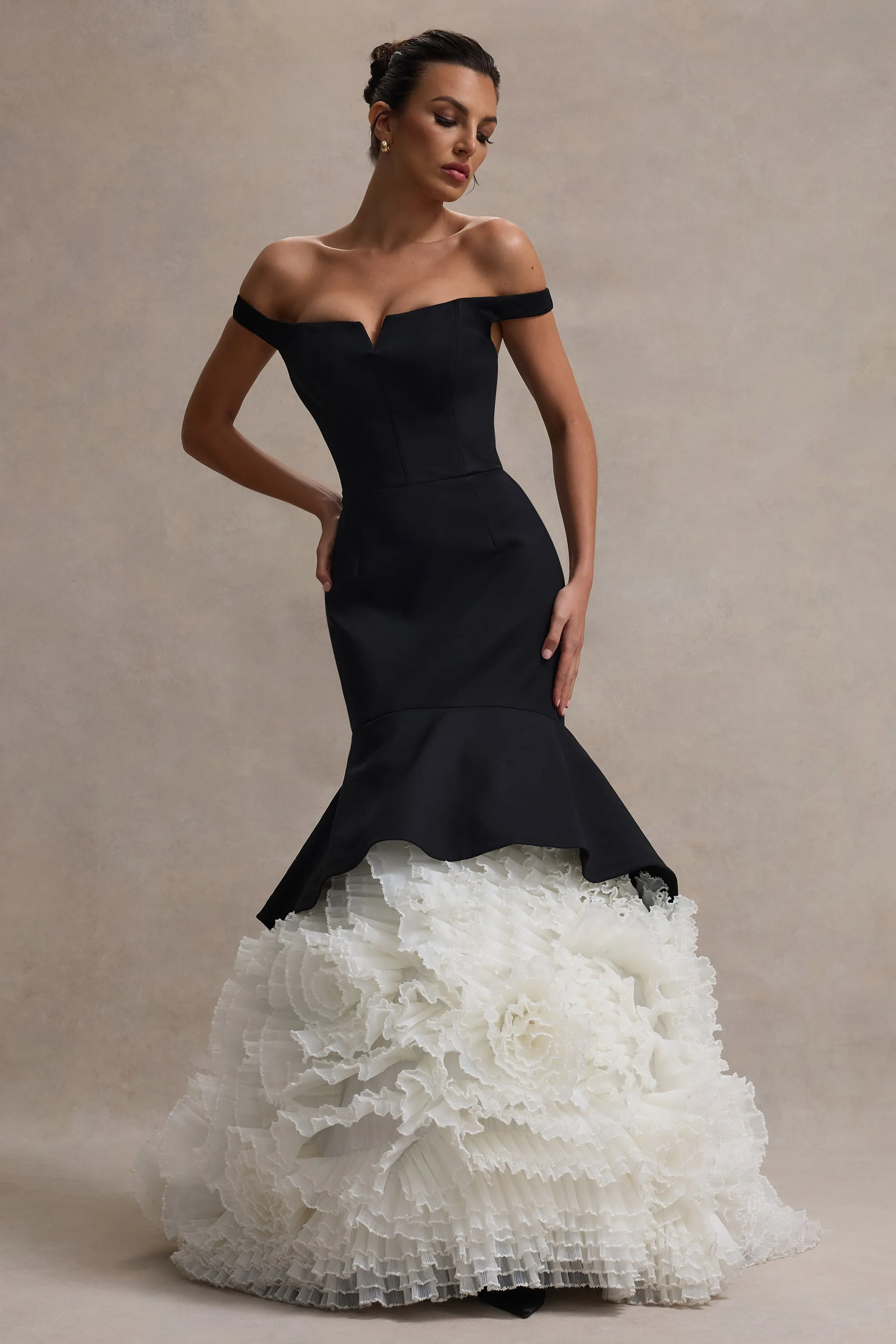 The Greatest | Black & Cream Bardot Maxi Dress With Tulle Skirt Club L London