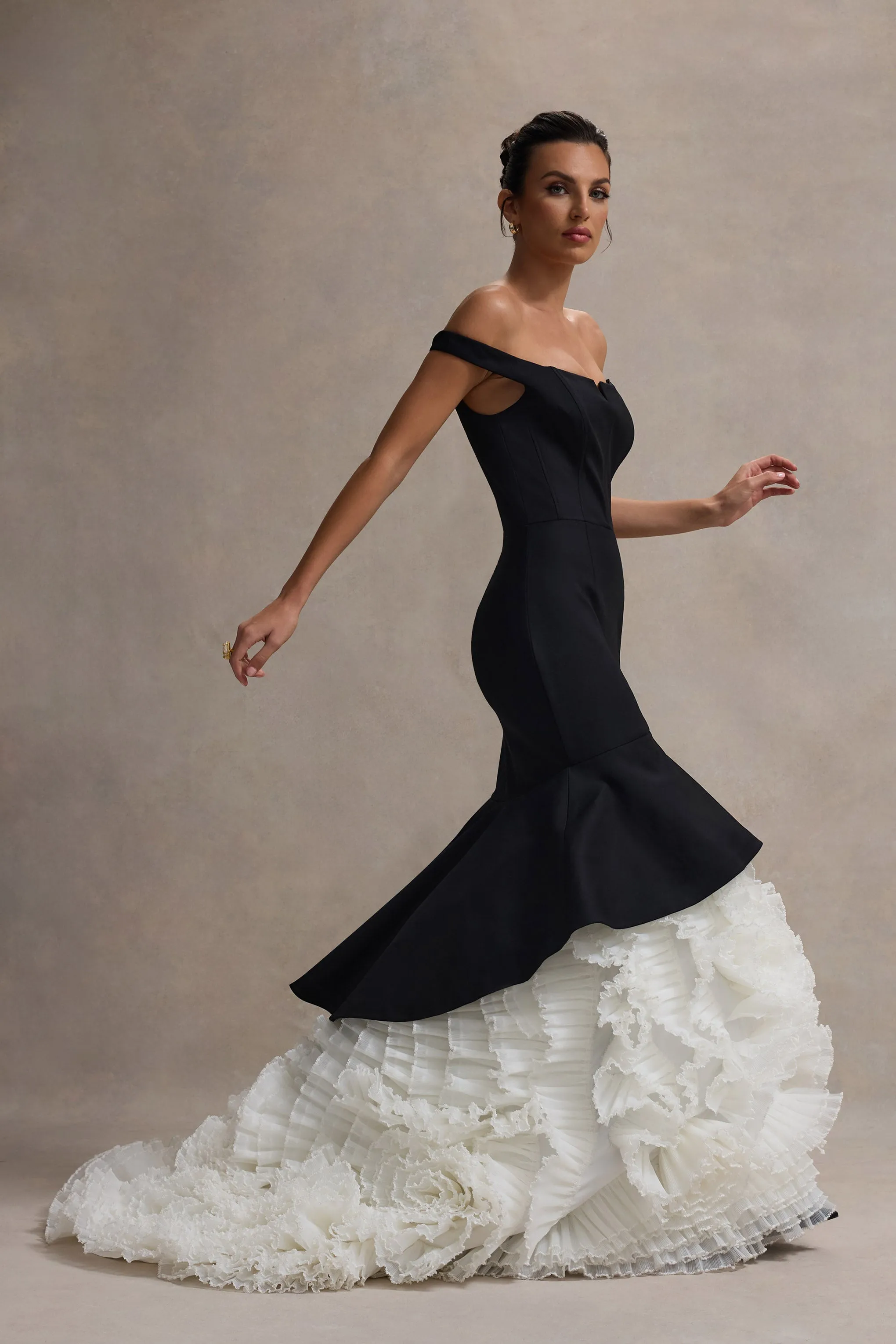 The Greatest | Black & Cream Bardot Maxi Dress With Tulle Skirt Club L London