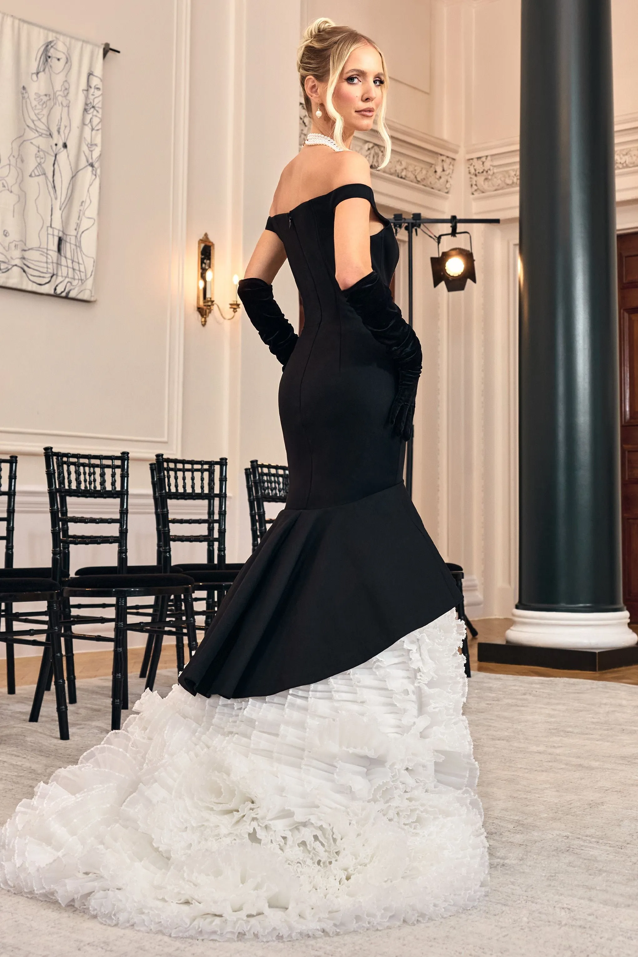 The Greatest | Black & Cream Bardot Maxi Dress With Tulle Skirt Club L London