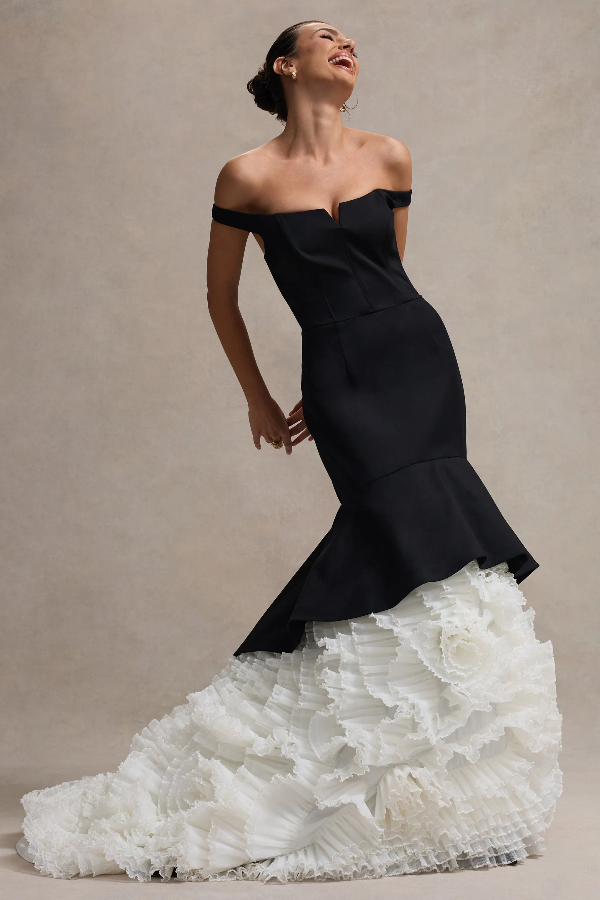 The Greatest | Black & Cream Bardot Maxi Dress With Tulle Skirt Club L London