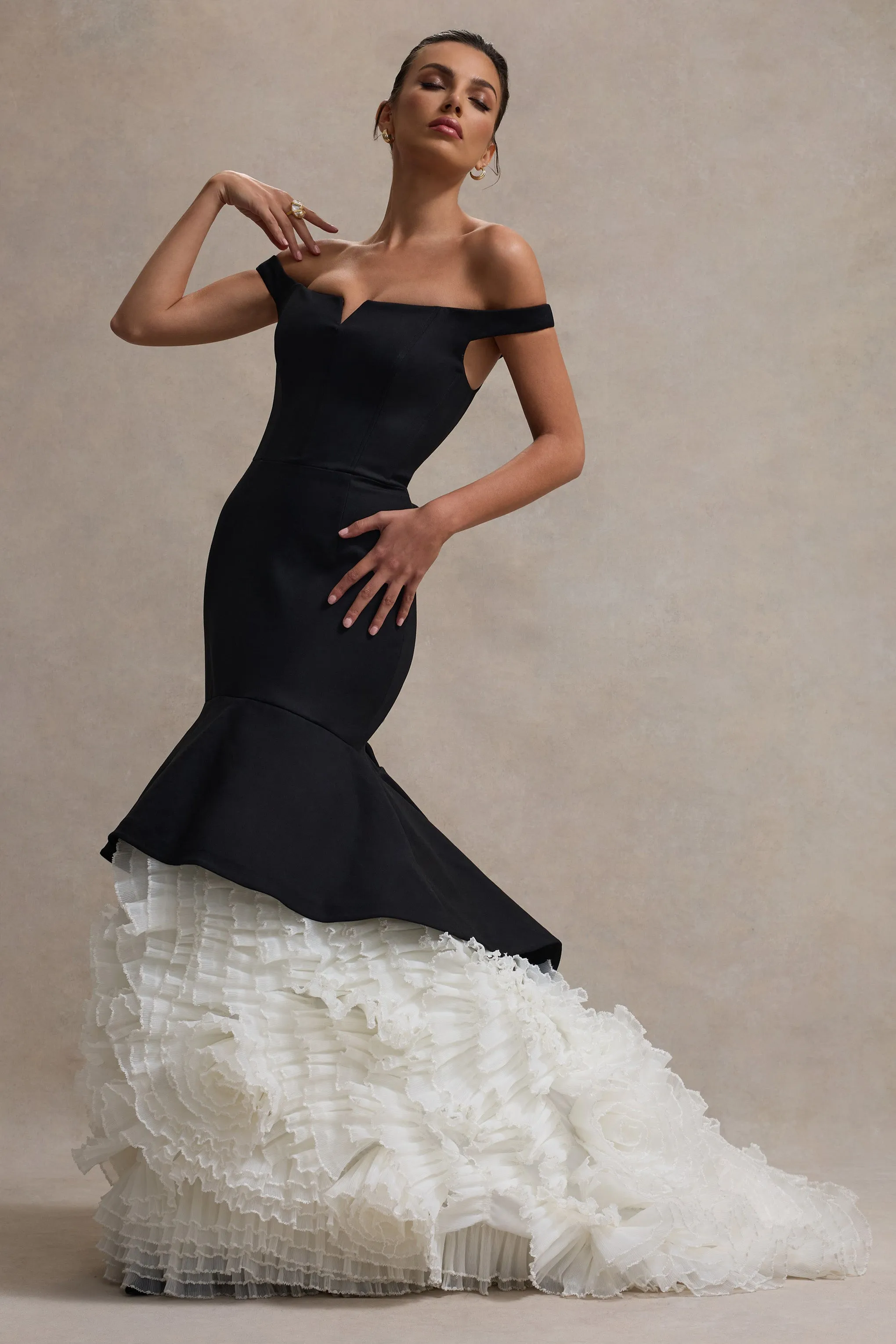 The Greatest | Black & Cream Bardot Maxi Dress With Tulle Skirt Club L London