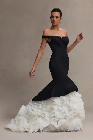 The Greatest | Black & Cream Bardot Maxi Dress With Tulle Skirt Club L London