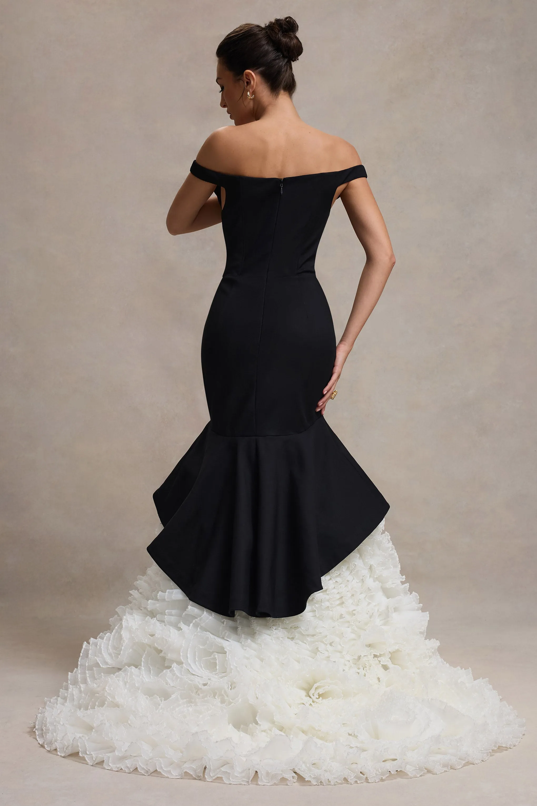 The Greatest | Black & Cream Bardot Maxi Dress With Tulle Skirt Club L London
