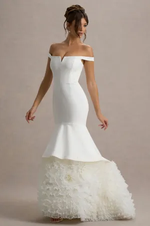 The Greatest | White & Cream Bardot Maxi Dress With Tulle Skirt Club L London