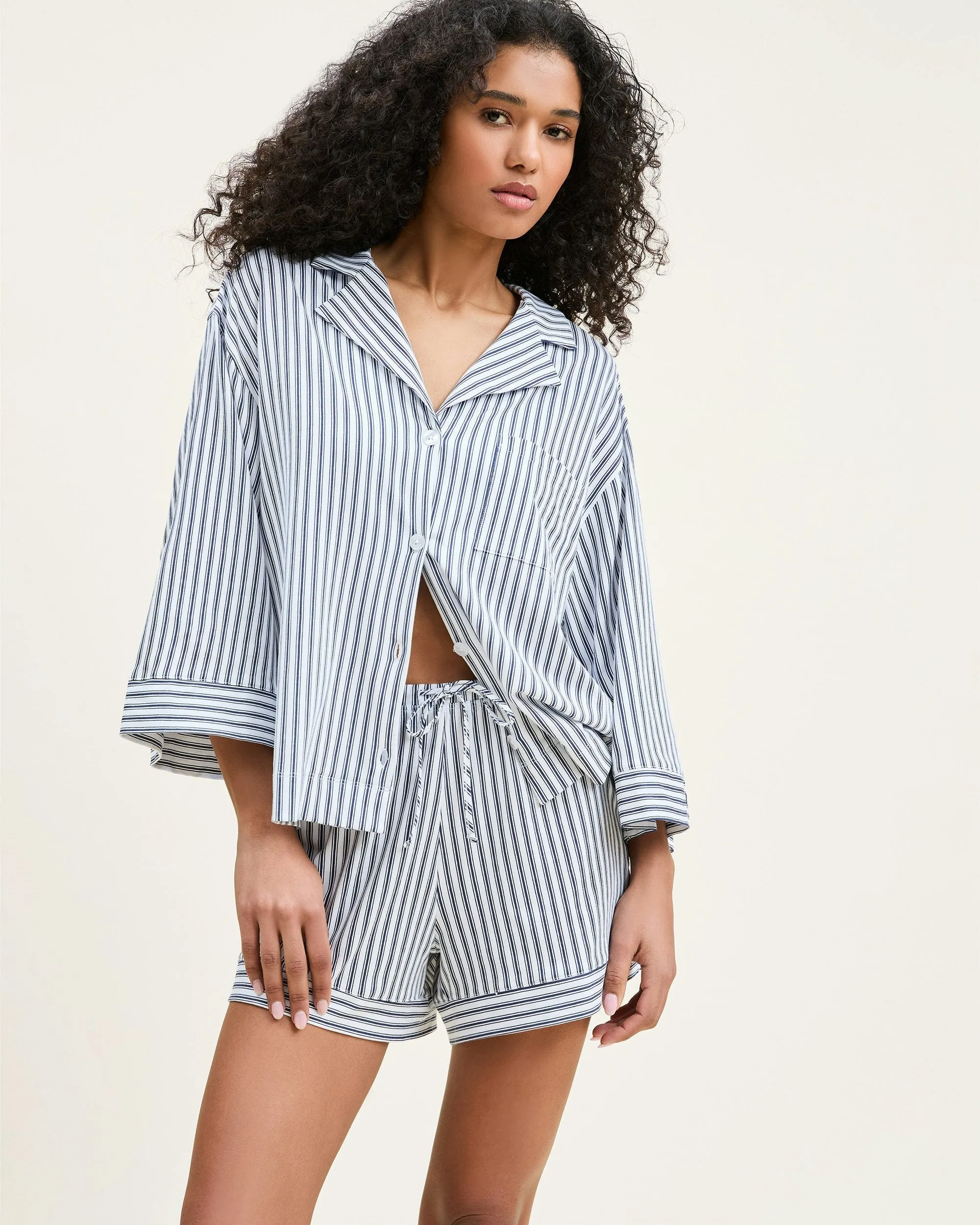 The Olivia Pima Short Set in Navy French Ticking