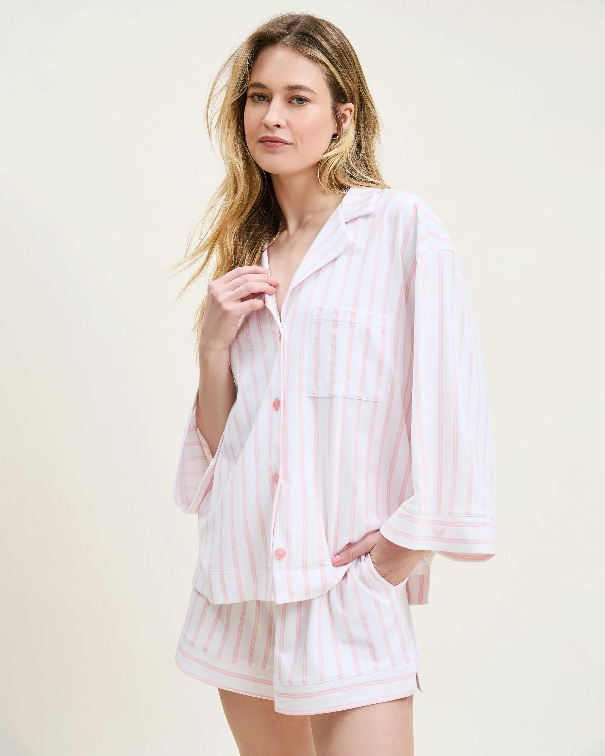 The Olivia Pima Short Set in Navy French Ticking