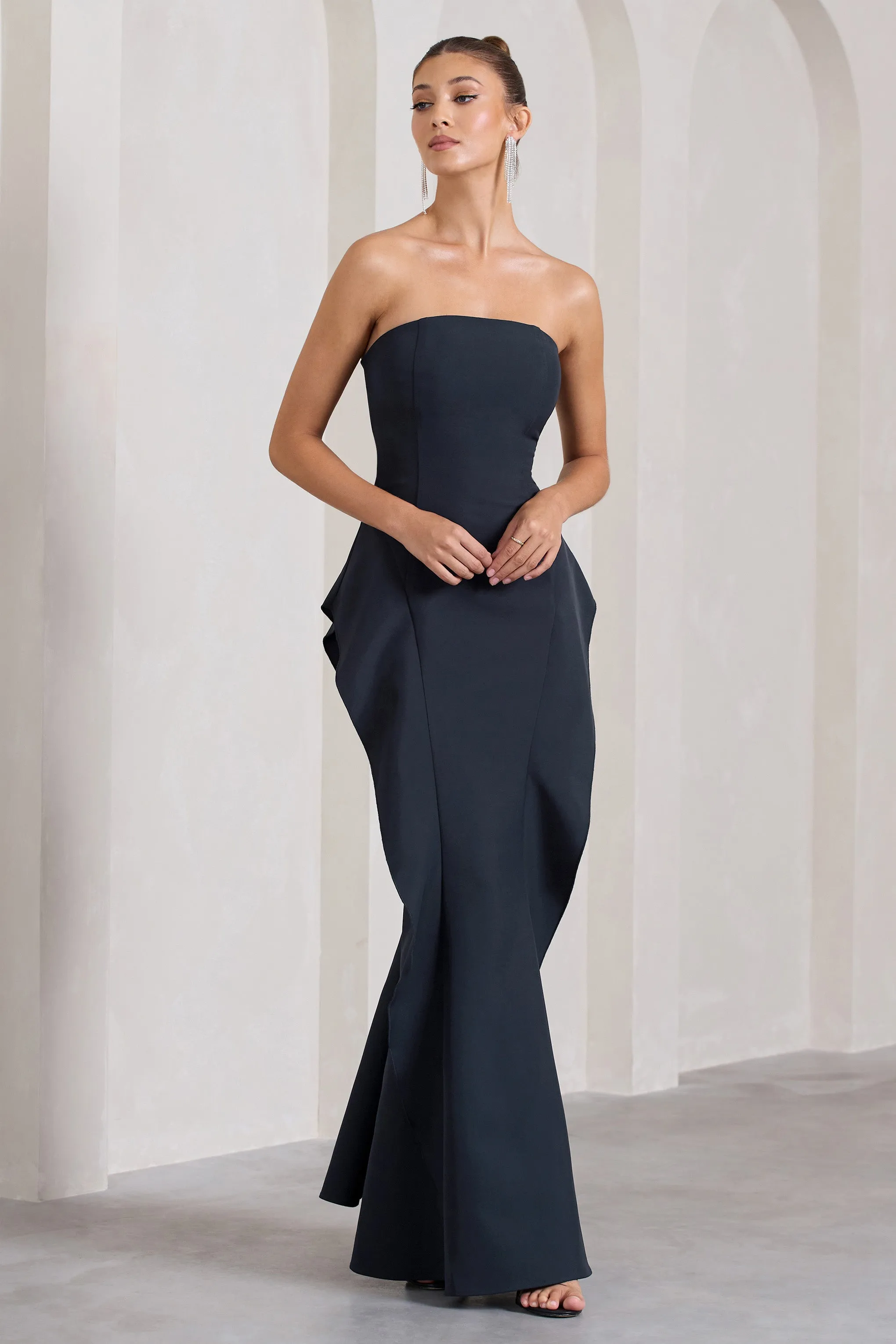 The Real Thing | Navy Strapless Draped Fishtail Maxi Dress Club L London