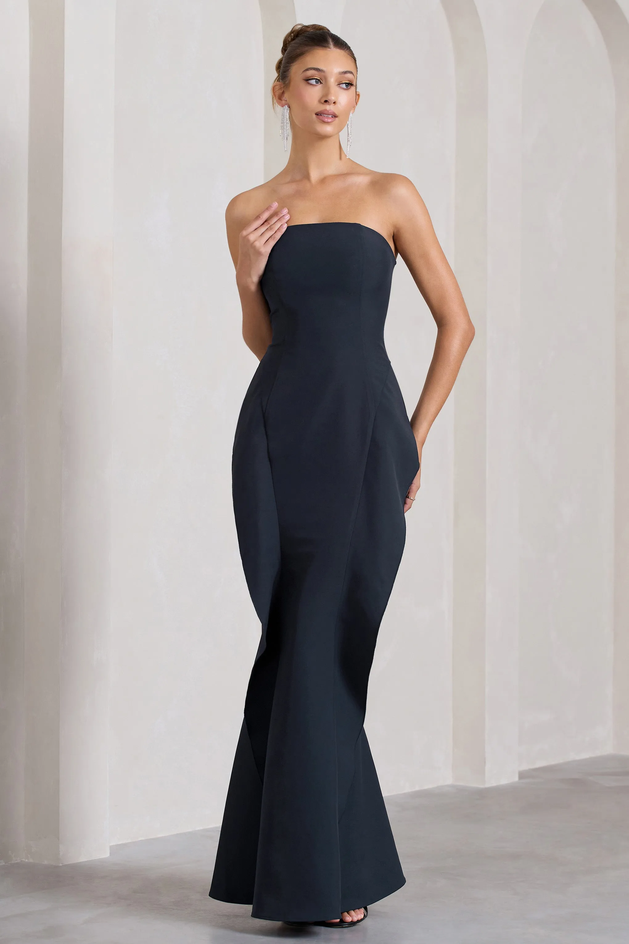 The Real Thing | Navy Strapless Draped Fishtail Maxi Dress Club L London