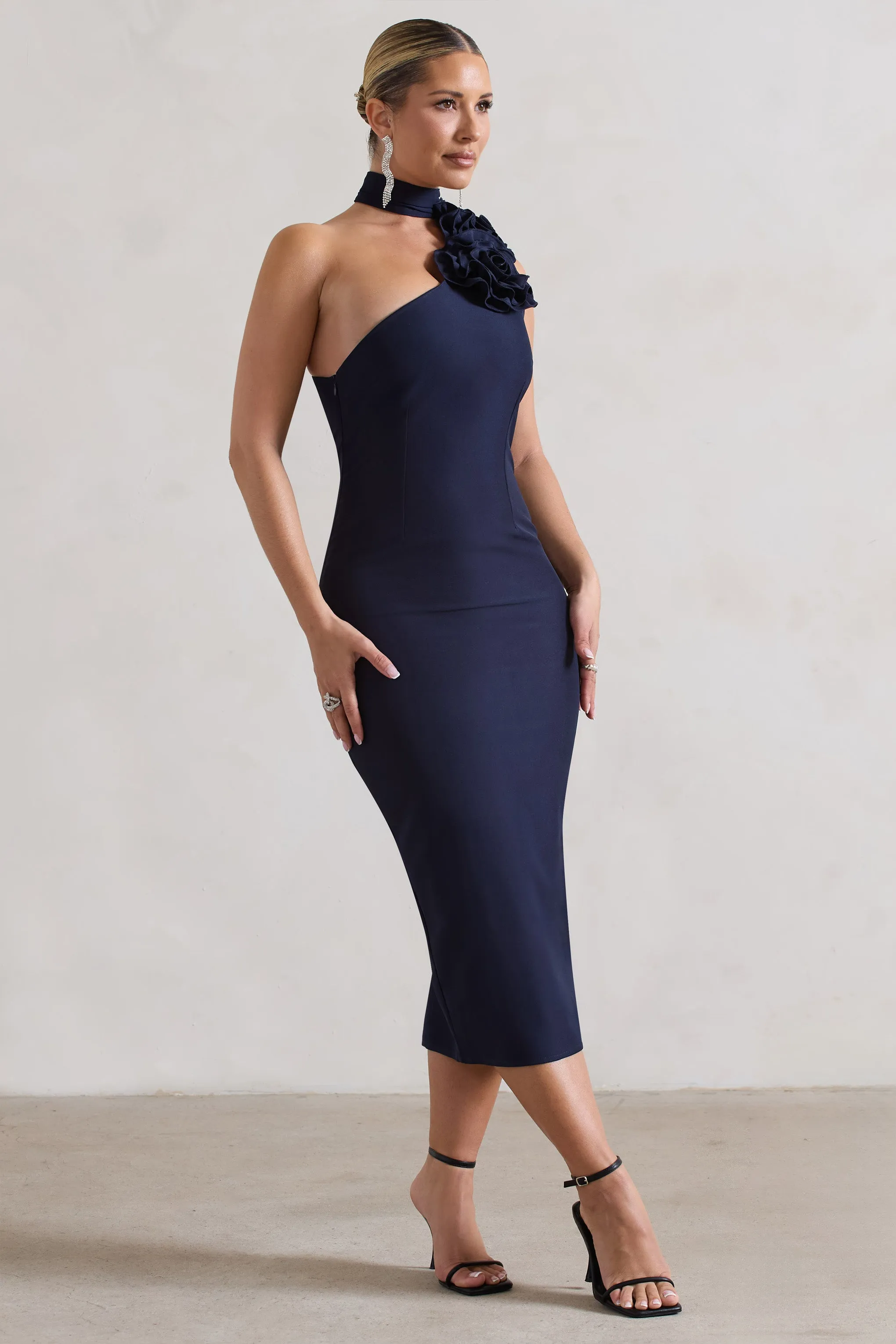 The Soiree | Navy Bodycon Midi Dress With Ruffled Choker Club L London
