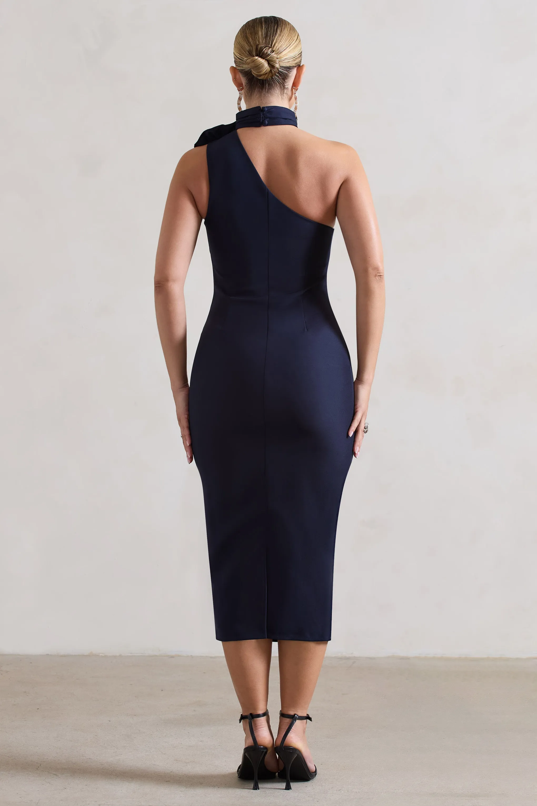 The Soiree | Navy Bodycon Midi Dress With Ruffled Choker Club L London