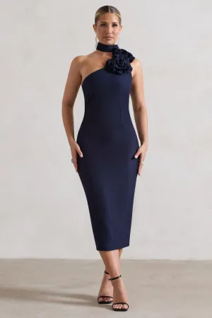The Soiree | Navy Bodycon Midi Dress With Ruffled Choker Club L London