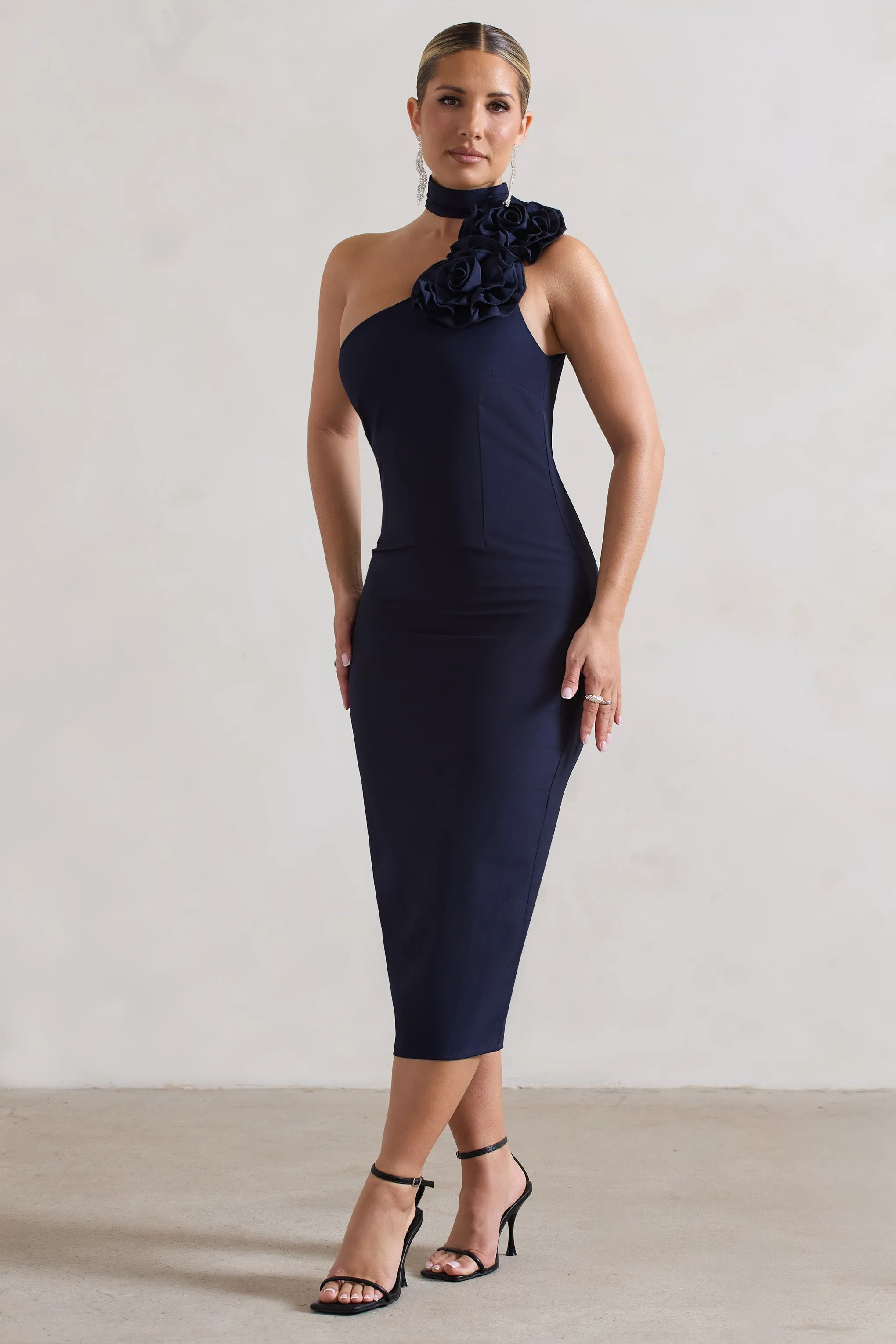 The Soiree | Navy Bodycon Midi Dress With Ruffled Choker Club L London