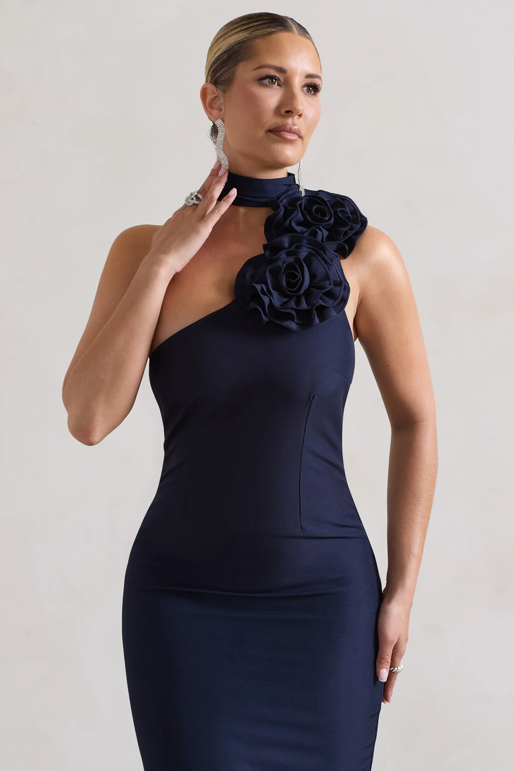 The Soiree | Navy Bodycon Midi Dress With Ruffled Choker Club L London