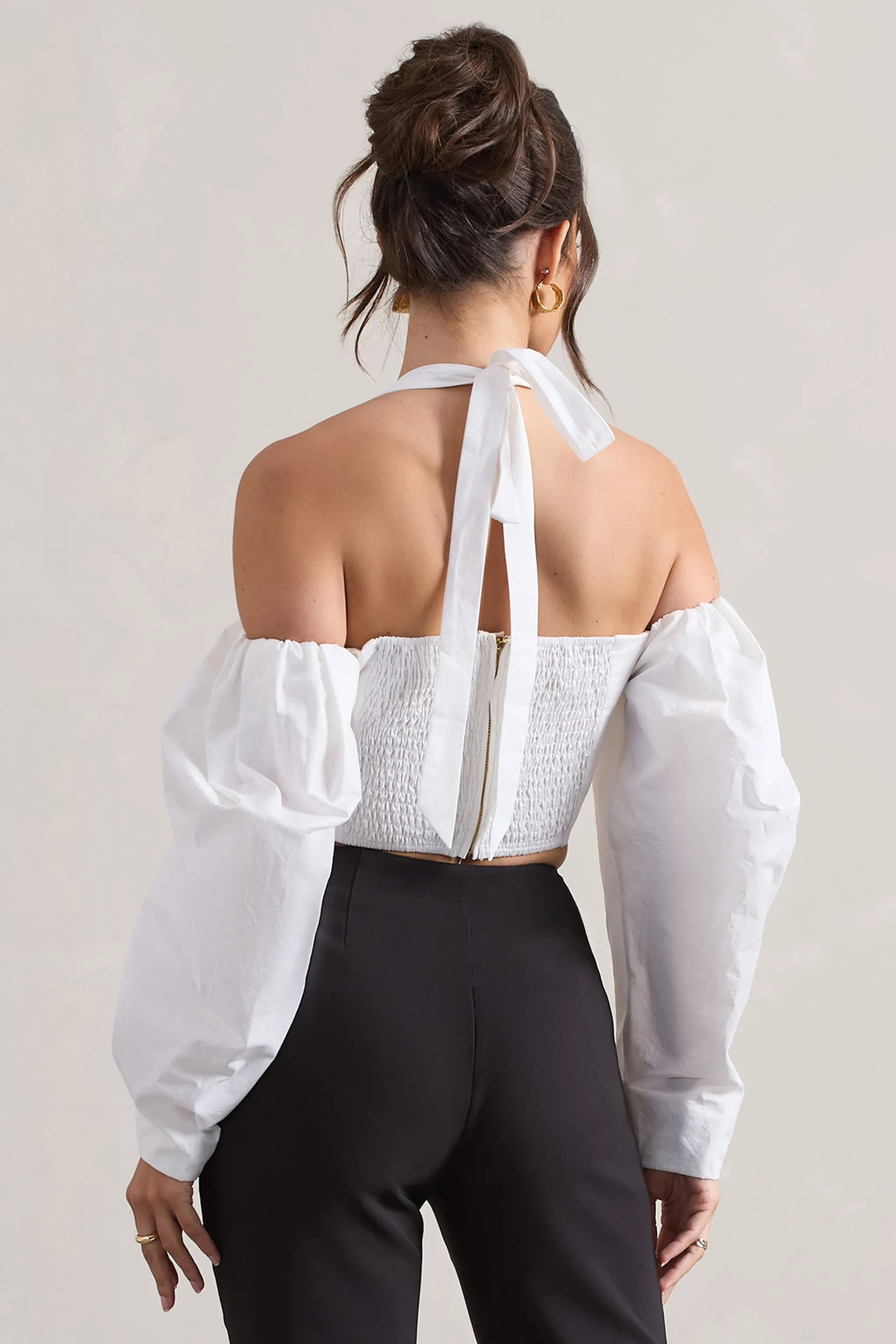 Theatric | Ivory Halter-Neck Corset Top With Puff-Sleeves Club L London