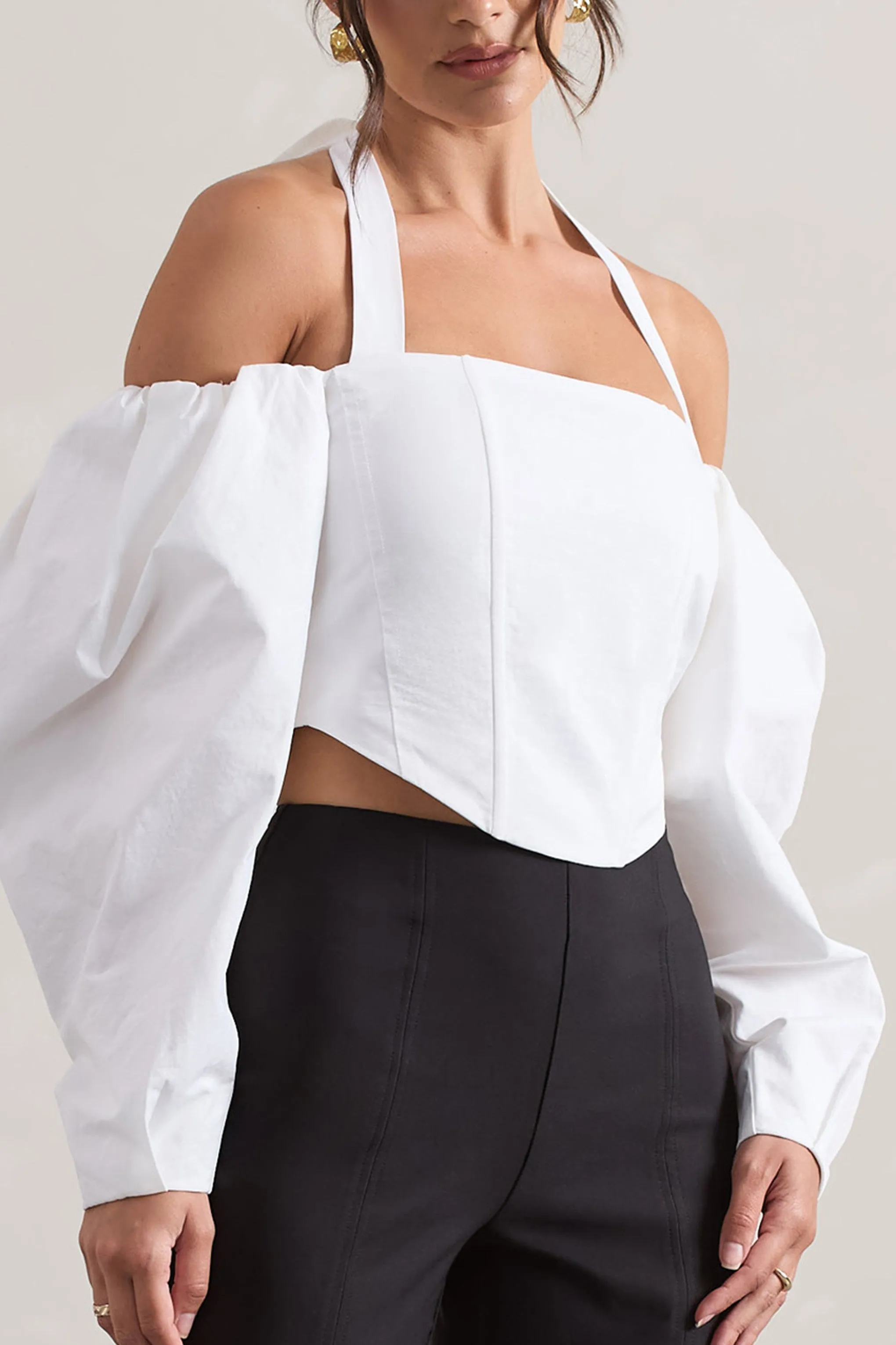 Theatric | Ivory Halter-Neck Corset Top With Puff-Sleeves Club L London