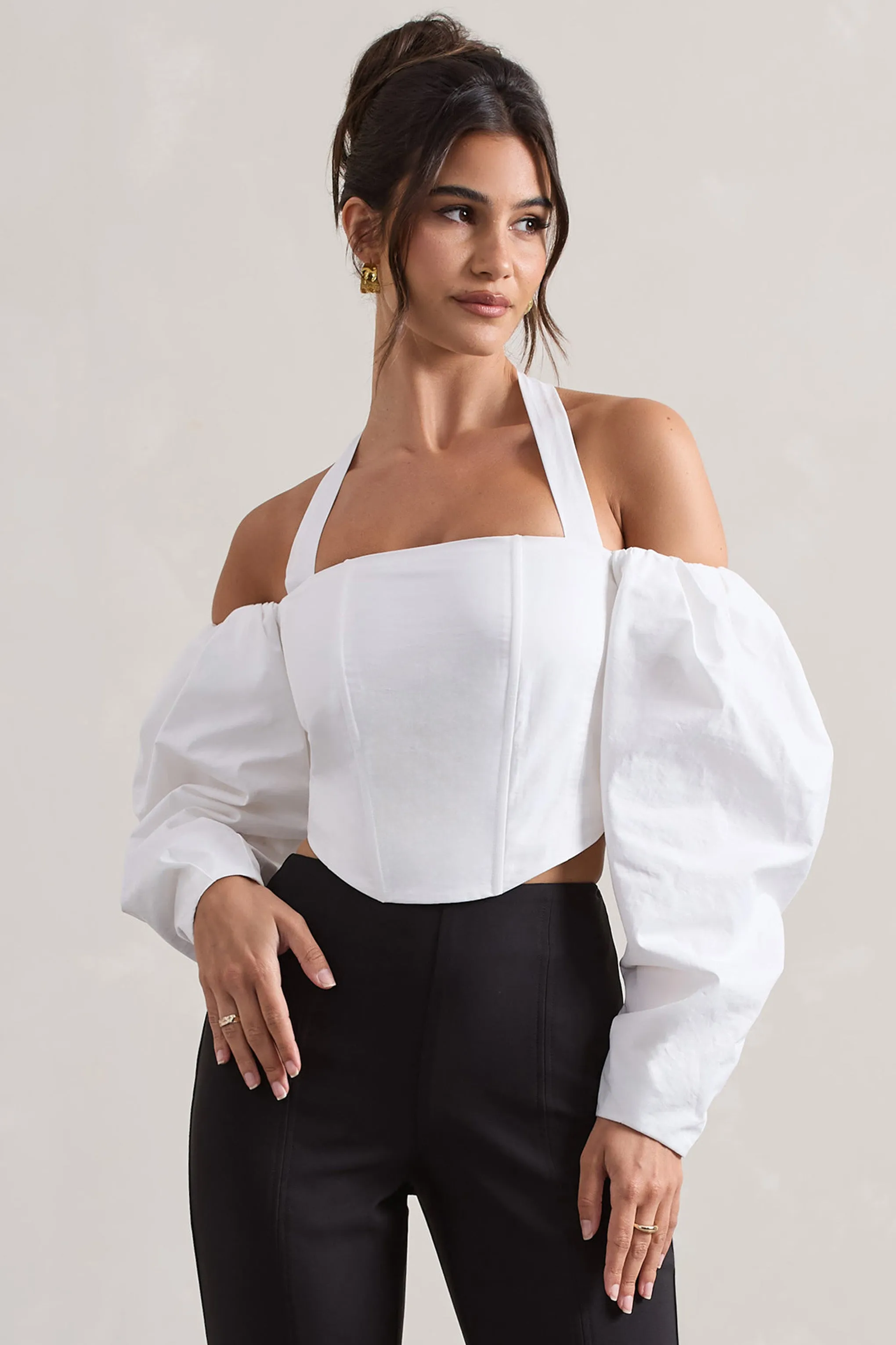 Theatric | Ivory Halter-Neck Corset Top With Puff-Sleeves Club L London