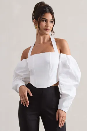 Theatric | Ivory Halter-Neck Corset Top With Puff-Sleeves Club L London