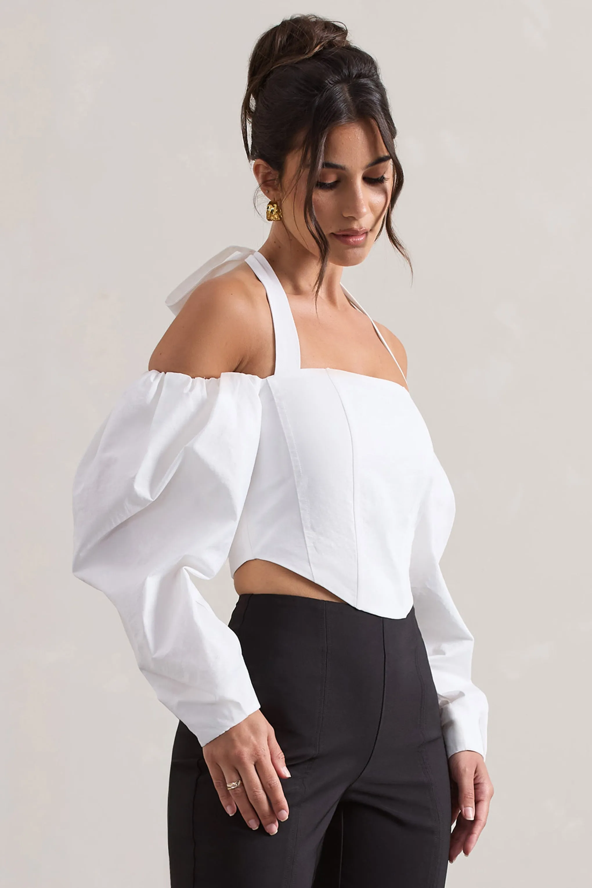 Theatric | Ivory Halter-Neck Corset Top With Puff-Sleeves Club L London