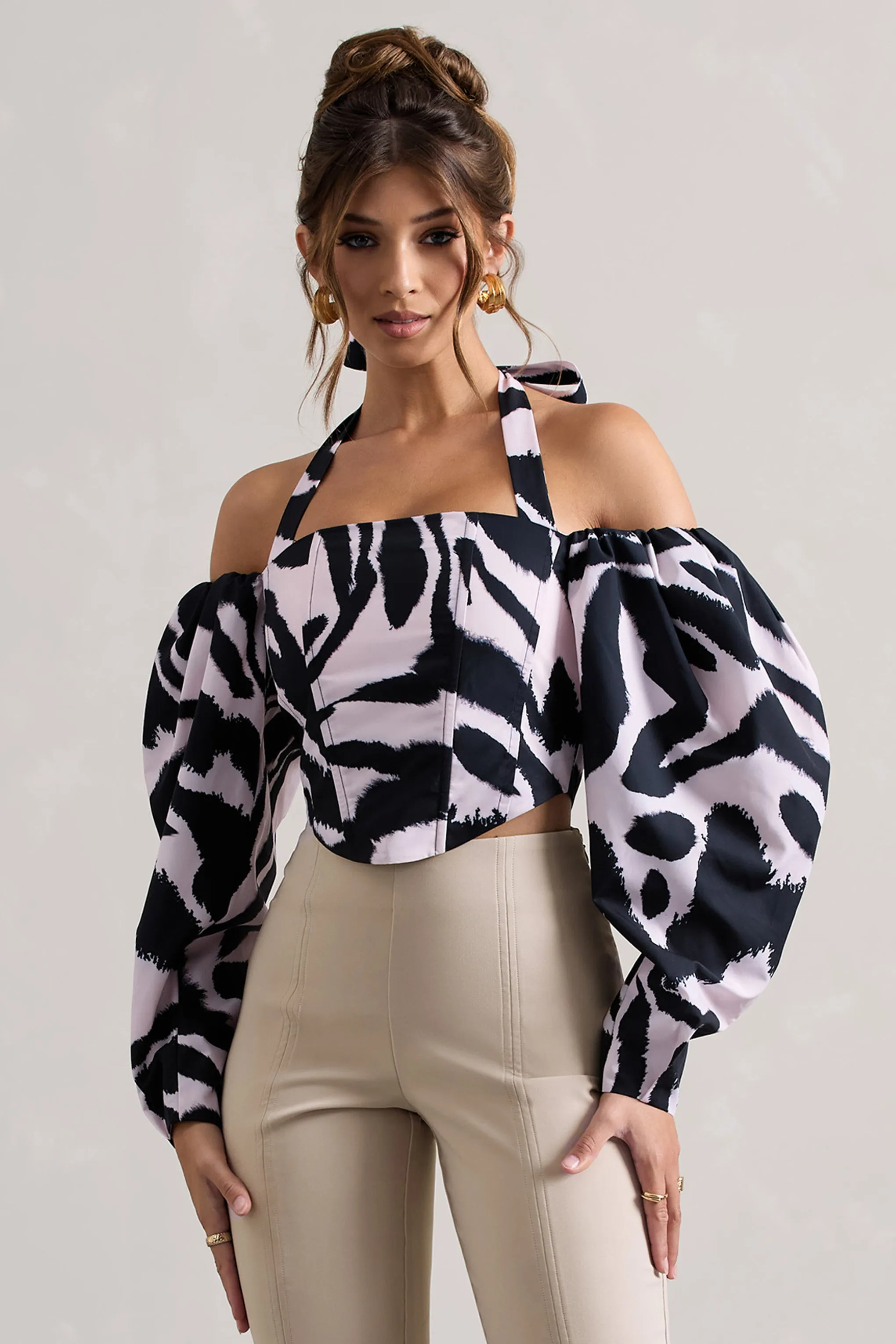 Theatric | Zebra Print Halter-Neck Corset Top With Puff-Sleeves Club L London