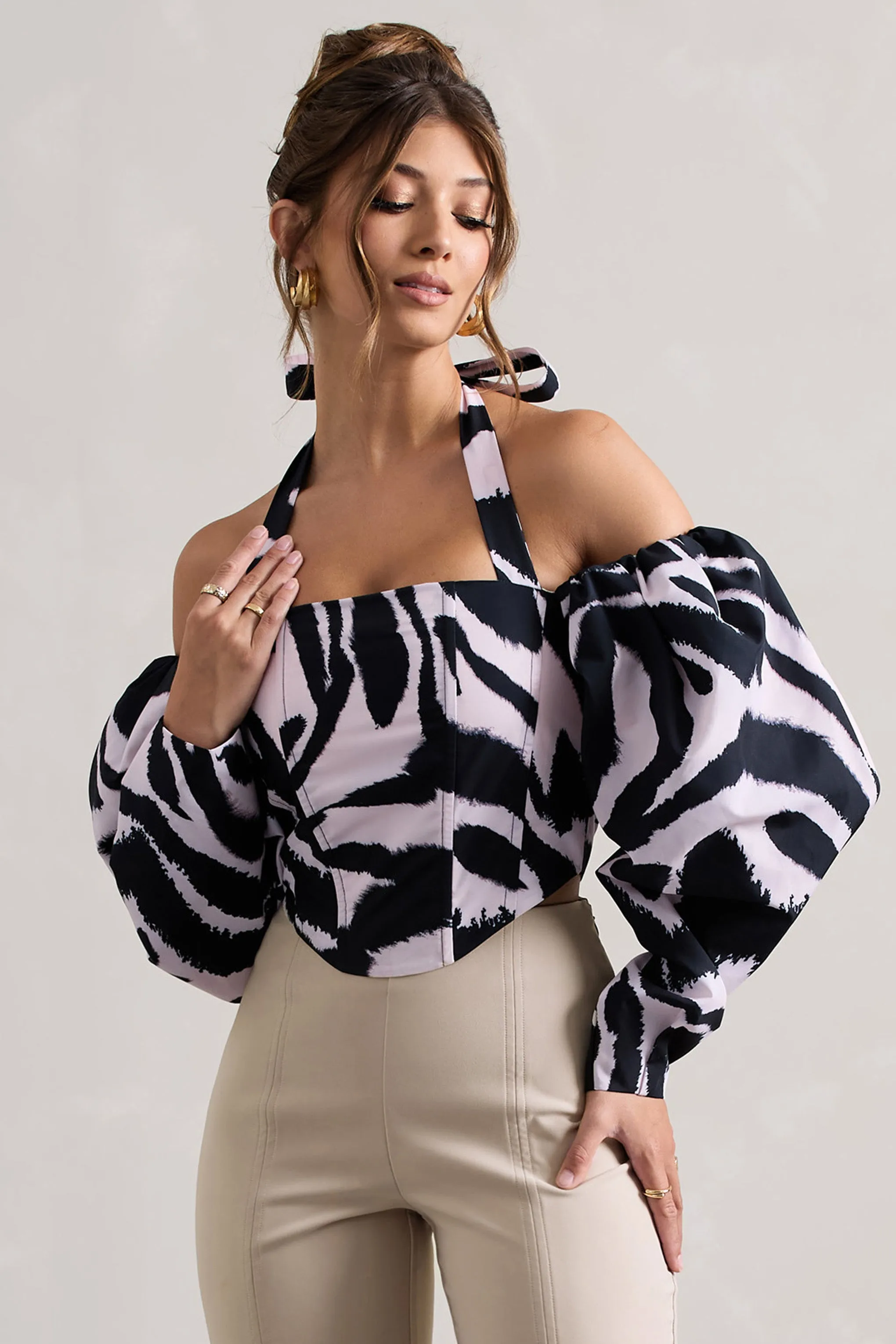Theatric | Zebra Print Halter-Neck Corset Top With Puff-Sleeves Club L London