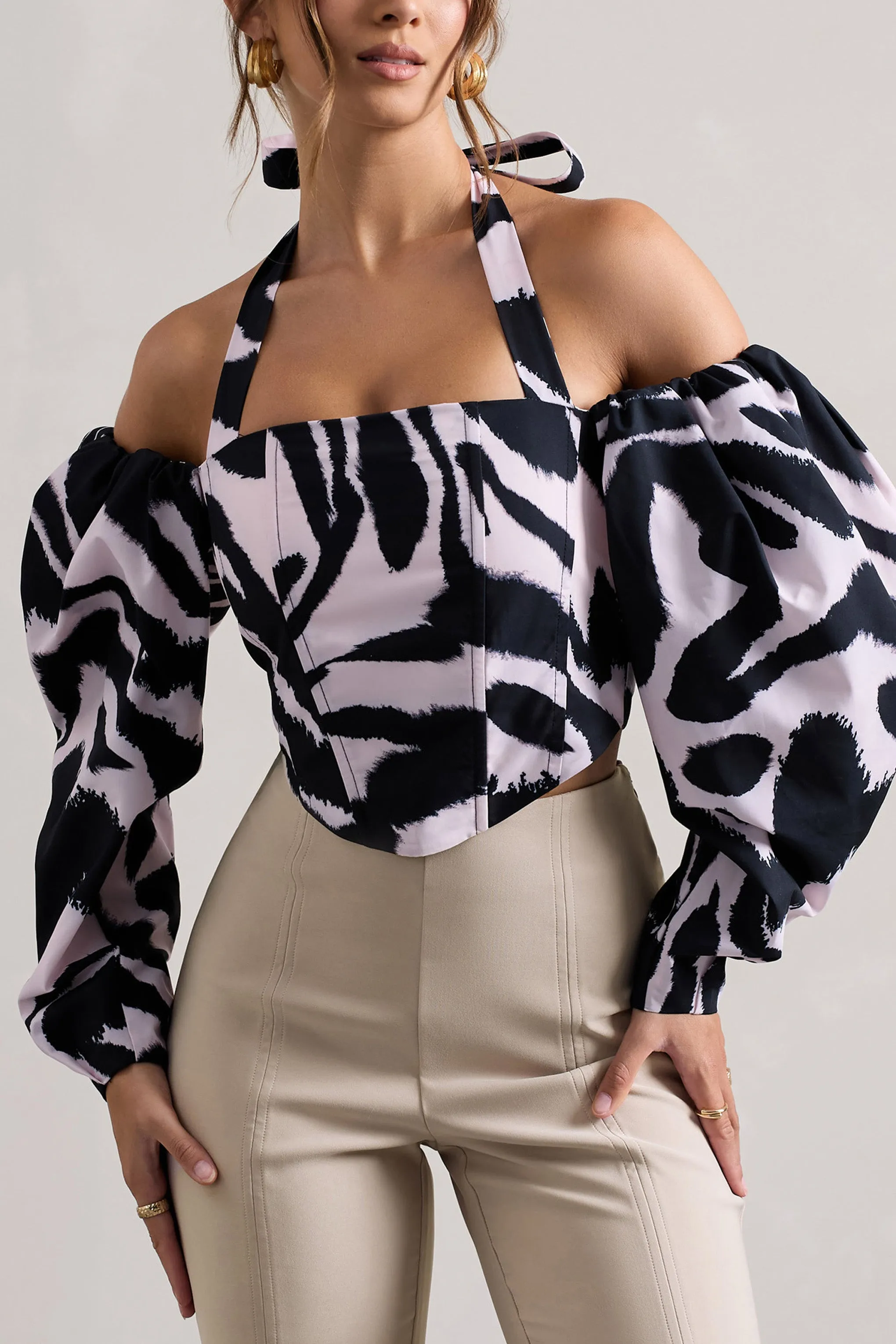 Theatric | Zebra Print Halter-Neck Corset Top With Puff-Sleeves Club L London
