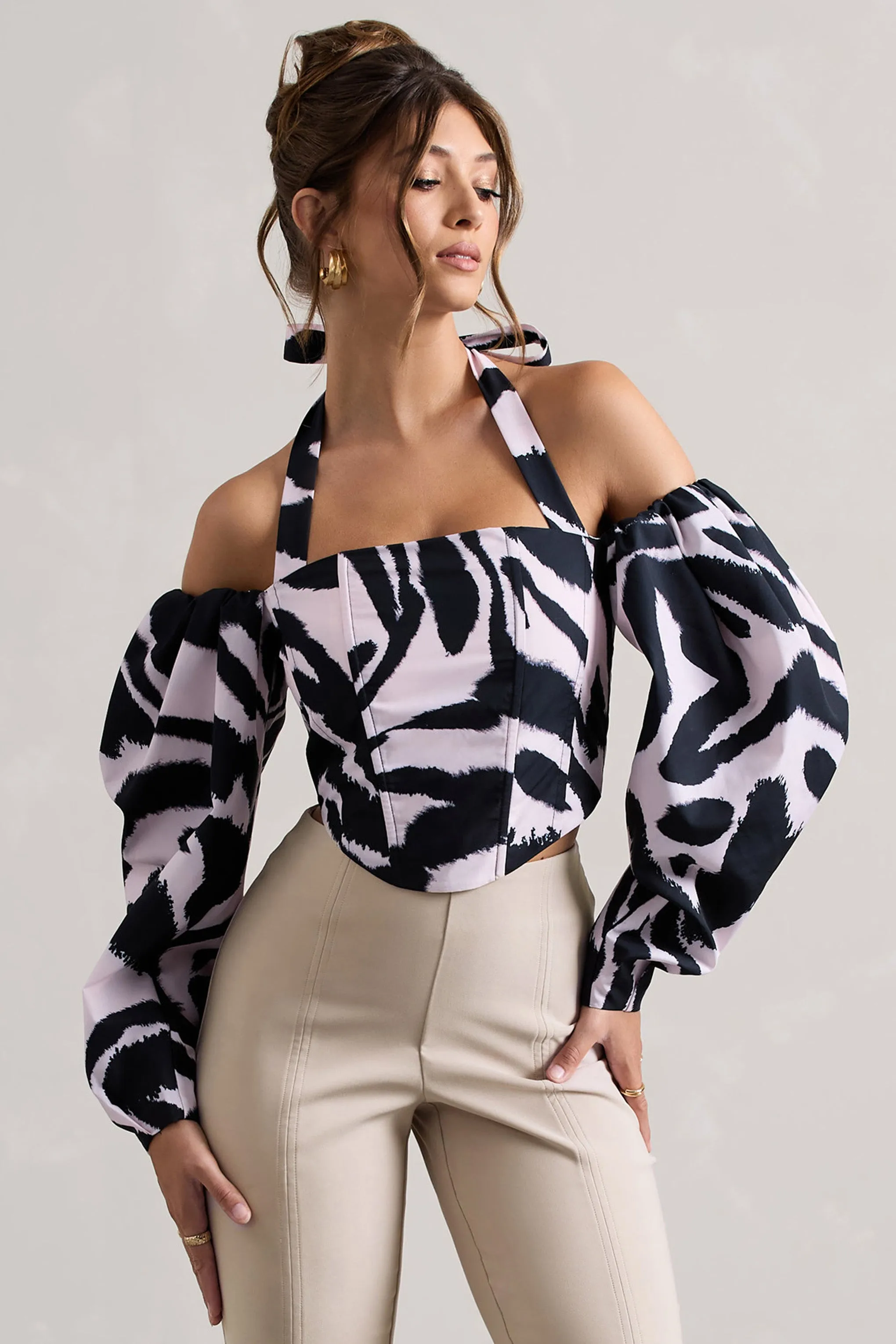 Theatric | Zebra Print Halter-Neck Corset Top With Puff-Sleeves Club L London