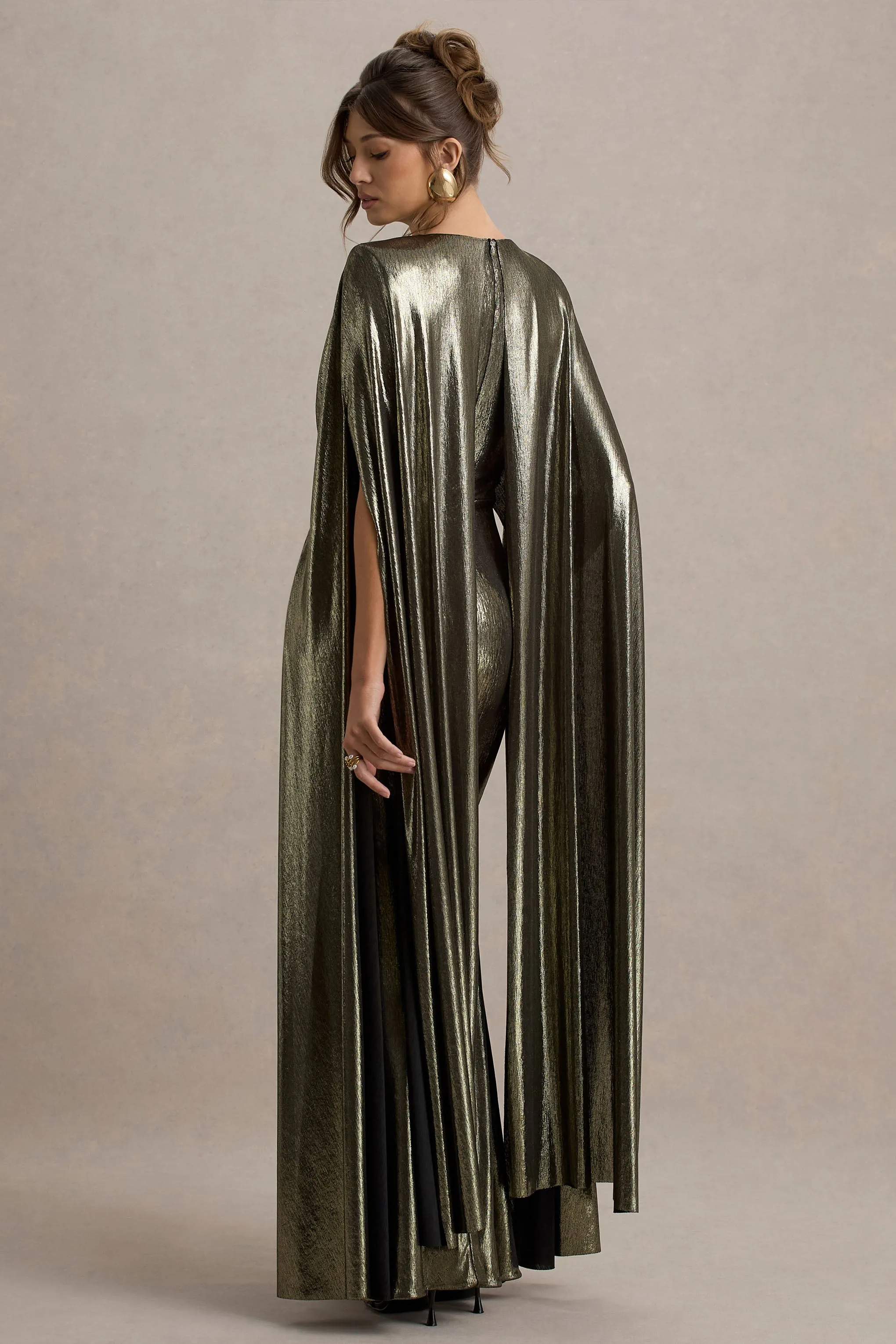 Theia | Gold Metallic Cape-Sleeve Split Maxi Dress Club L London