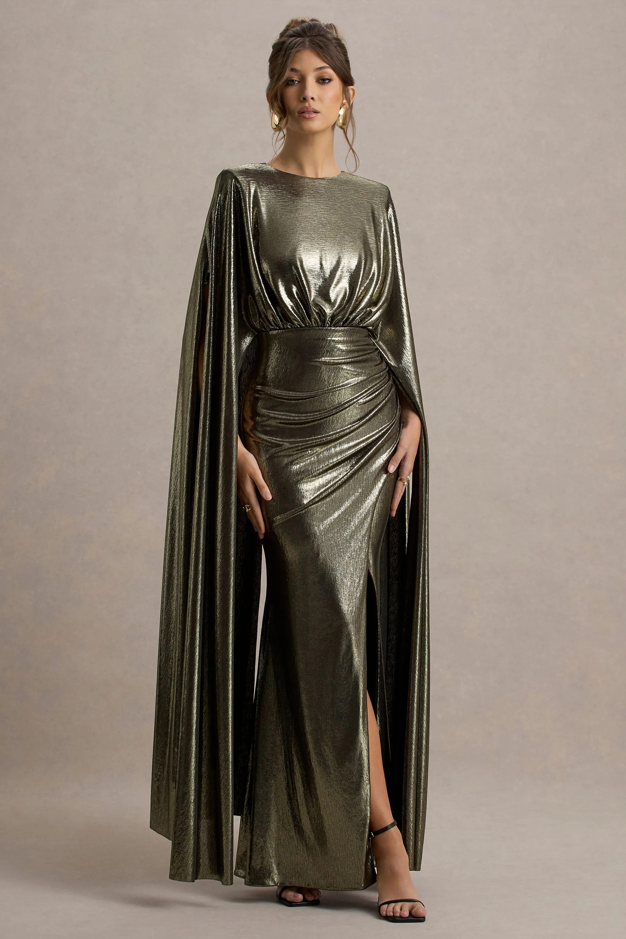 Theia | Gold Metallic Cape-Sleeve Split Maxi Dress Club L London