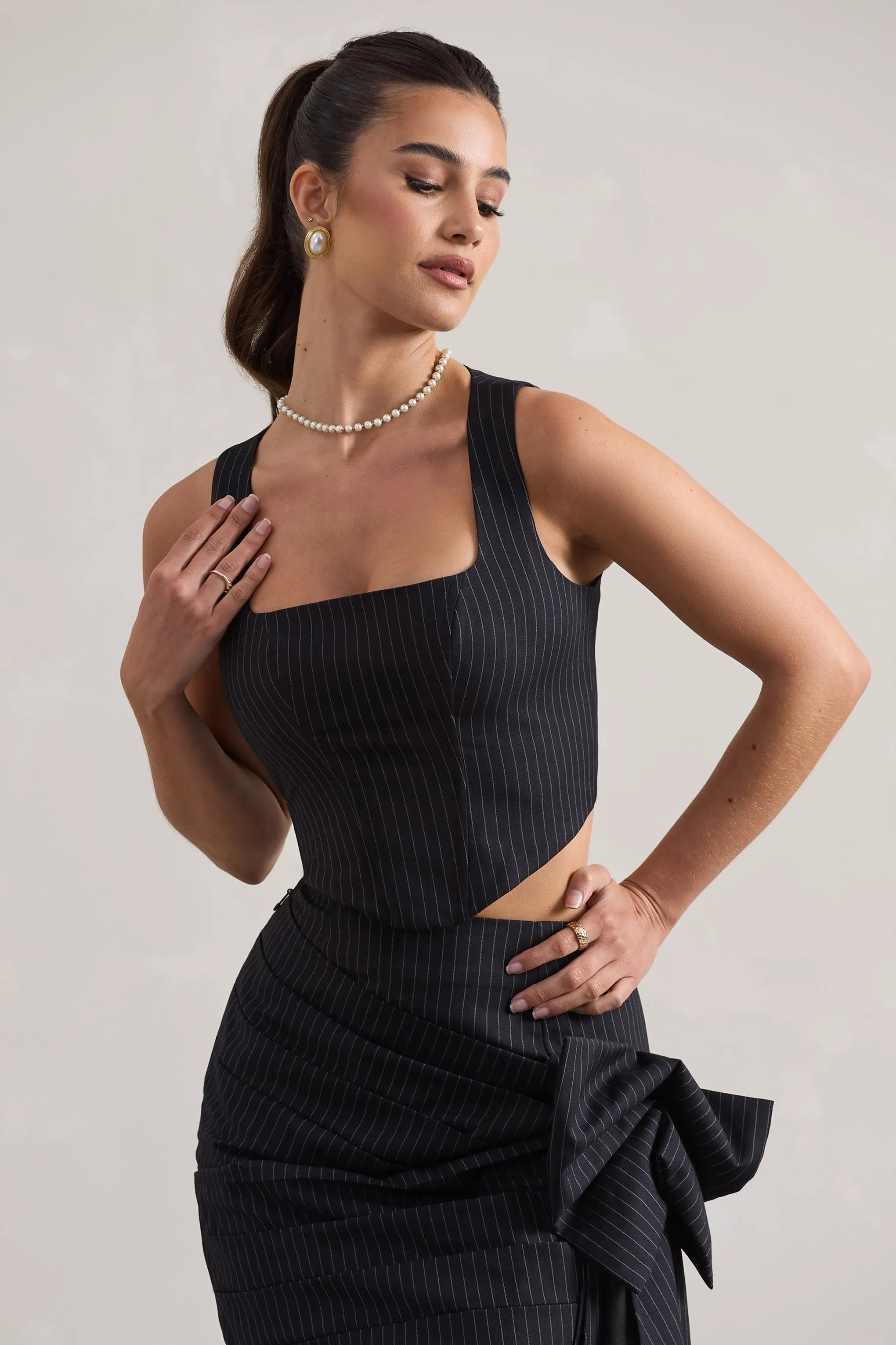 Think Again | Navy Pinstripe Structured Corset Top Club L London