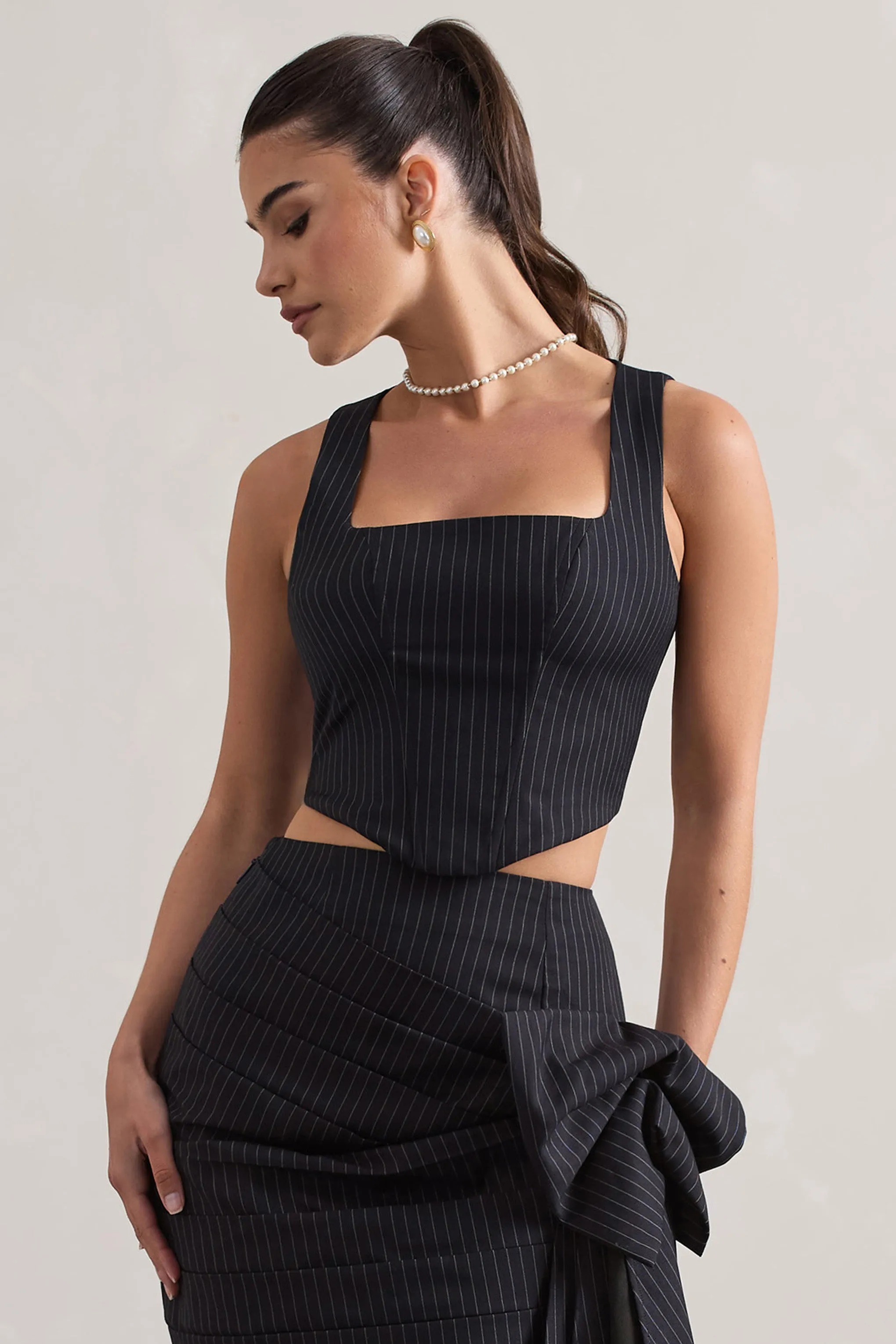 Think Again | Navy Pinstripe Structured Corset Top Club L London