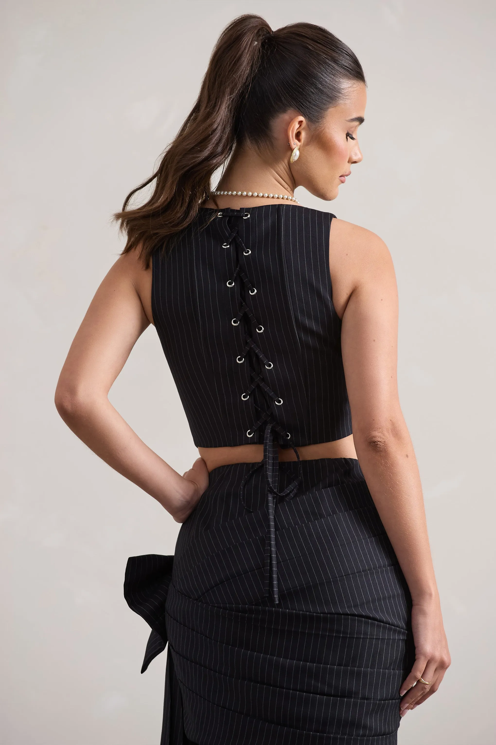Think Again | Navy Pinstripe Structured Corset Top Club L London