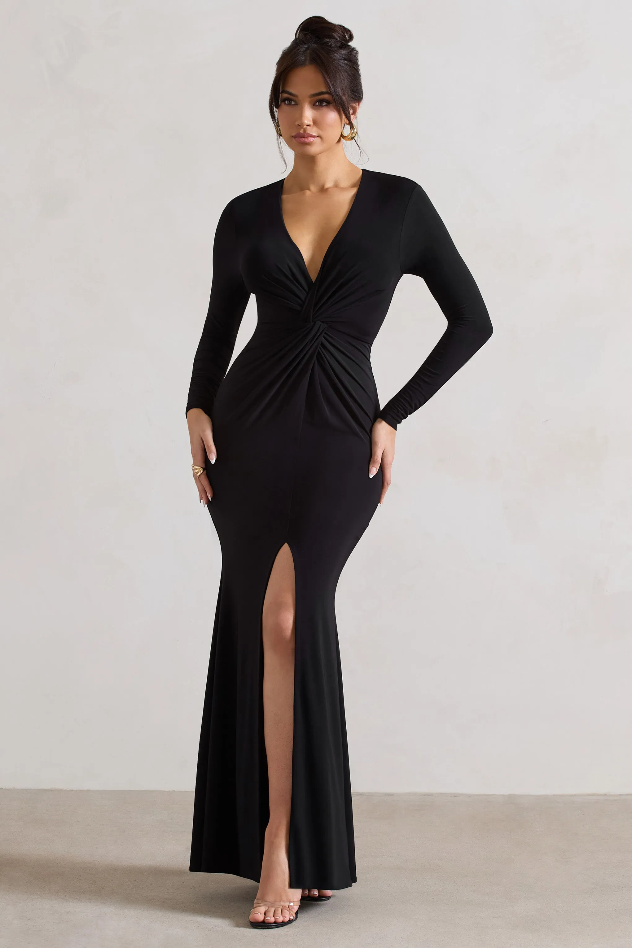 Tianna | Black Plunge-Neck Twisted Split Maxi Dress Club L London
