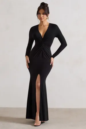 Tianna | Black Plunge-Neck Twisted Split Maxi Dress Club L London
