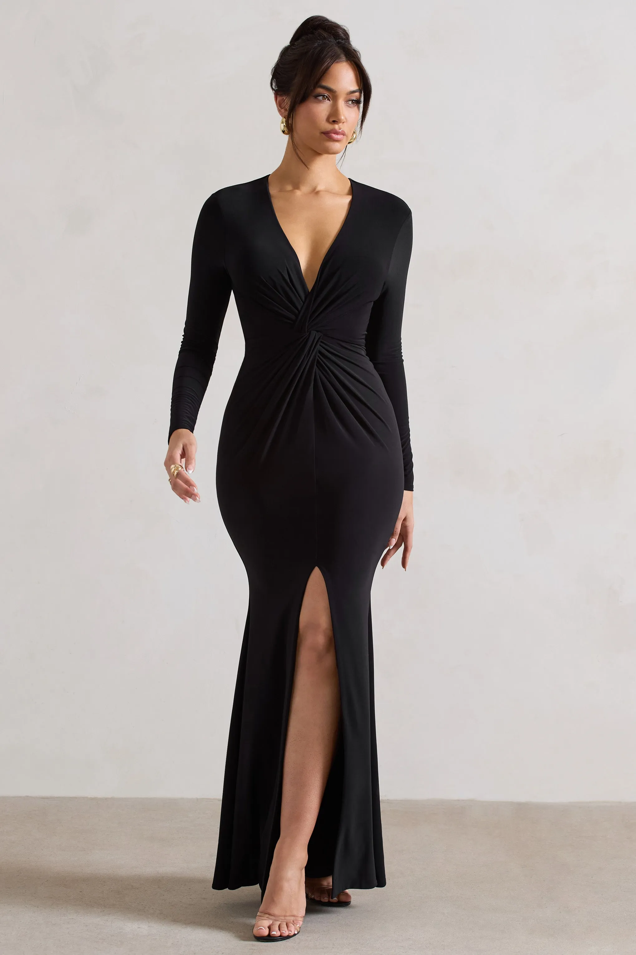 Tianna | Black Plunge-Neck Twisted Split Maxi Dress Club L London