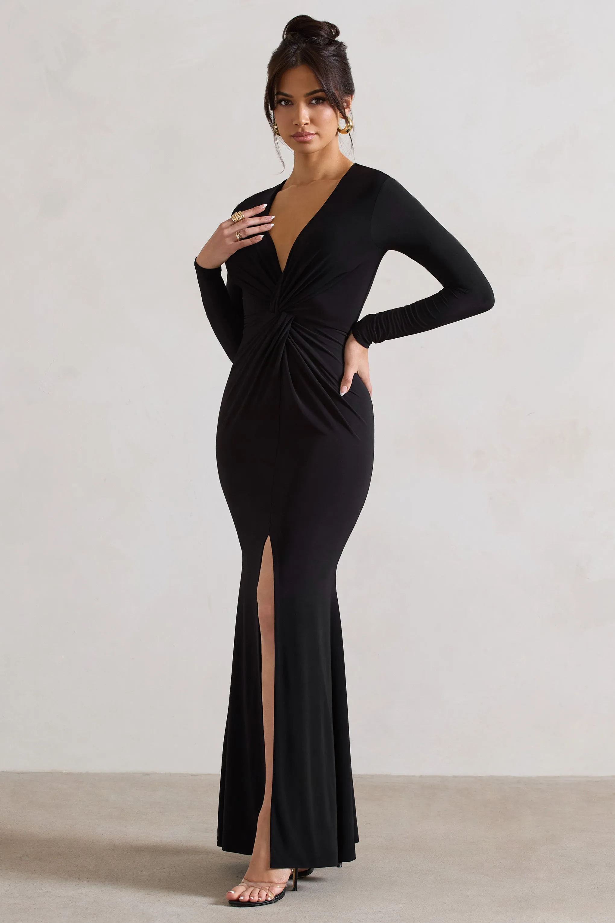 Tianna | Black Plunge-Neck Twisted Split Maxi Dress Club L London